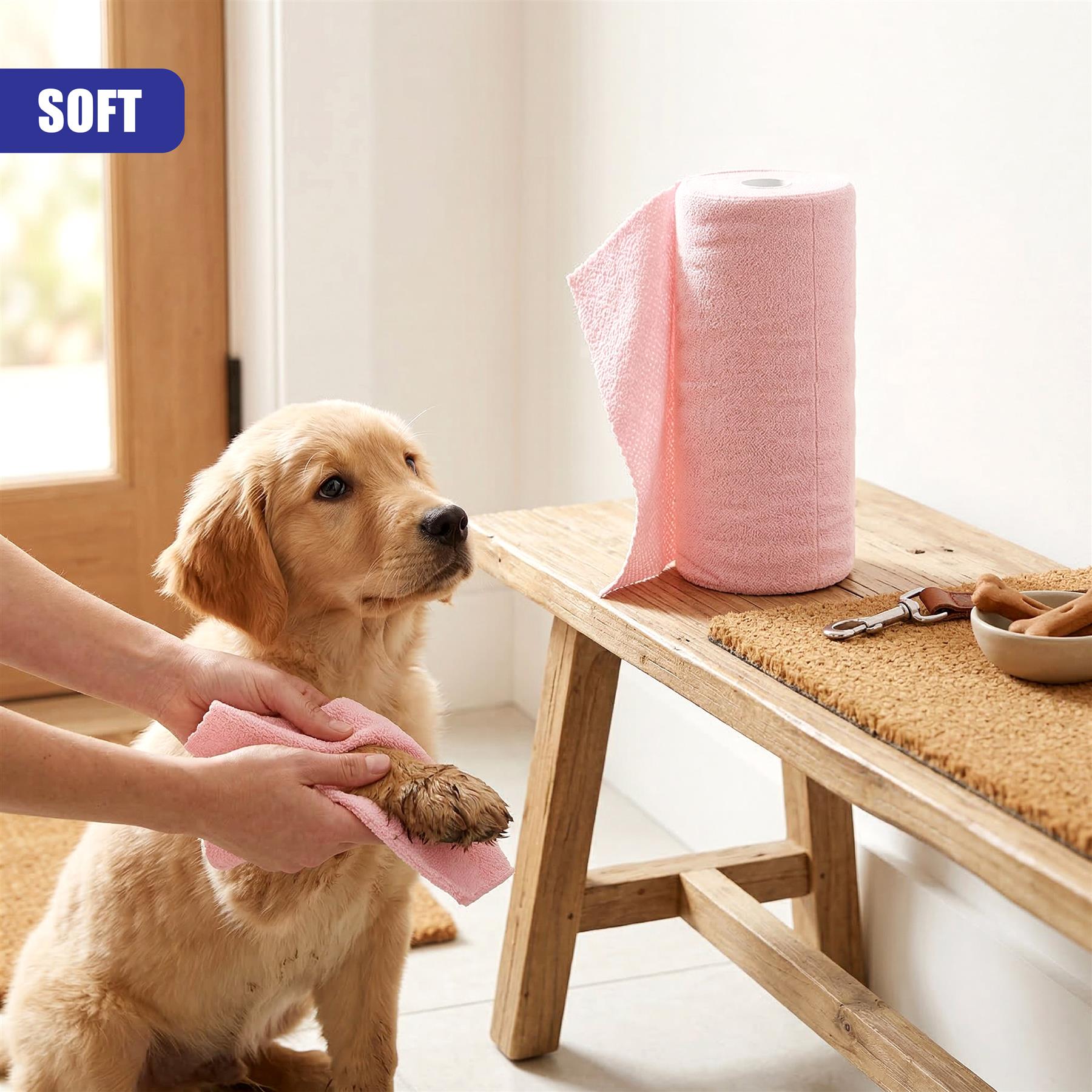 A golden retriever sits while a hand uses a pink cloth; the product roll stands on a wooden surface.