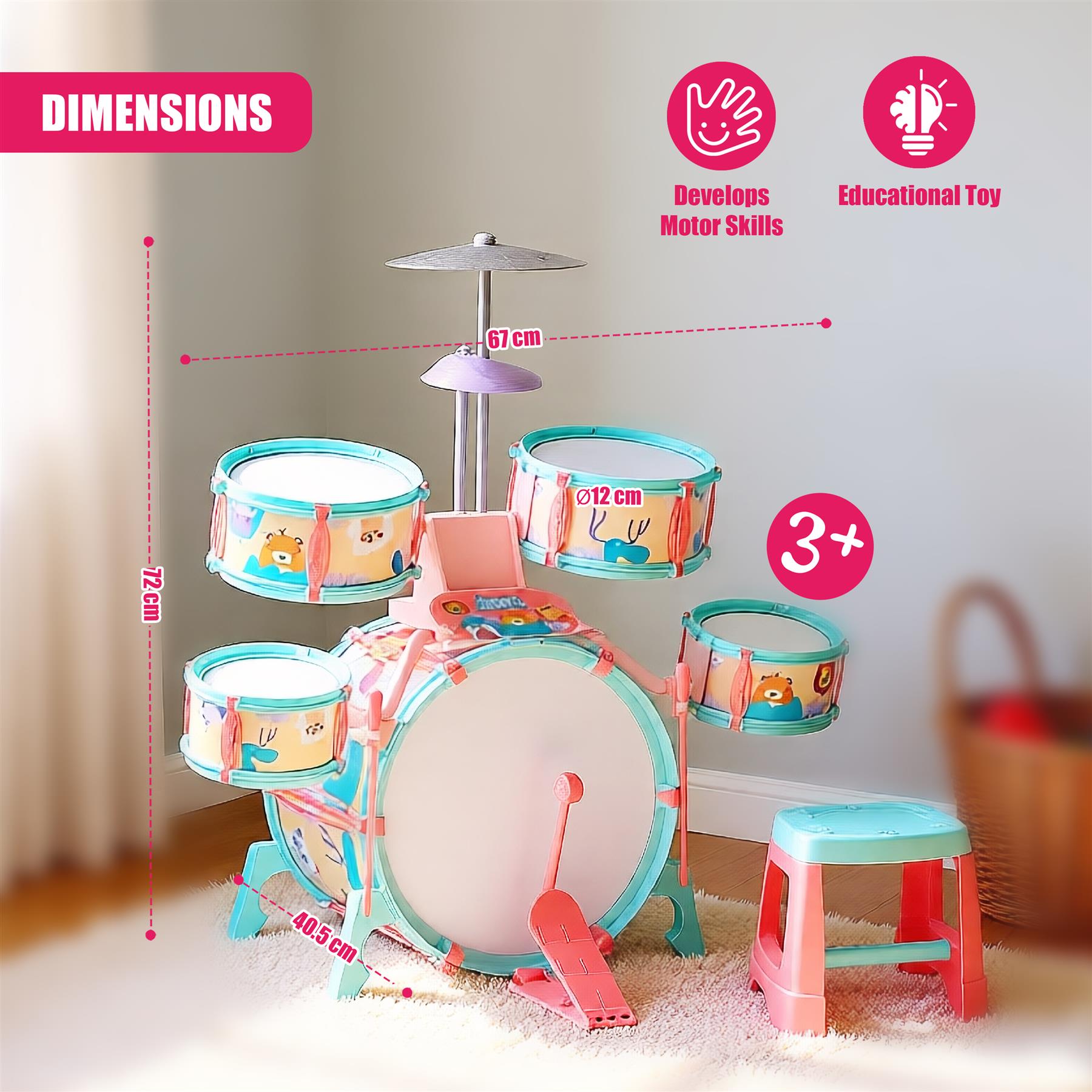 Pink and Green Multi functional Kids Jazz Drum Set 