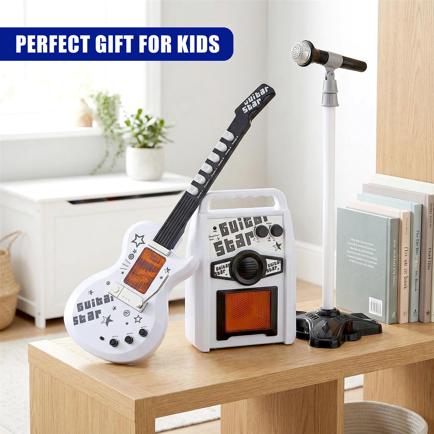 Toy set featuring a white electric guitar, a white amplifier, and a microphone connected to a stand.