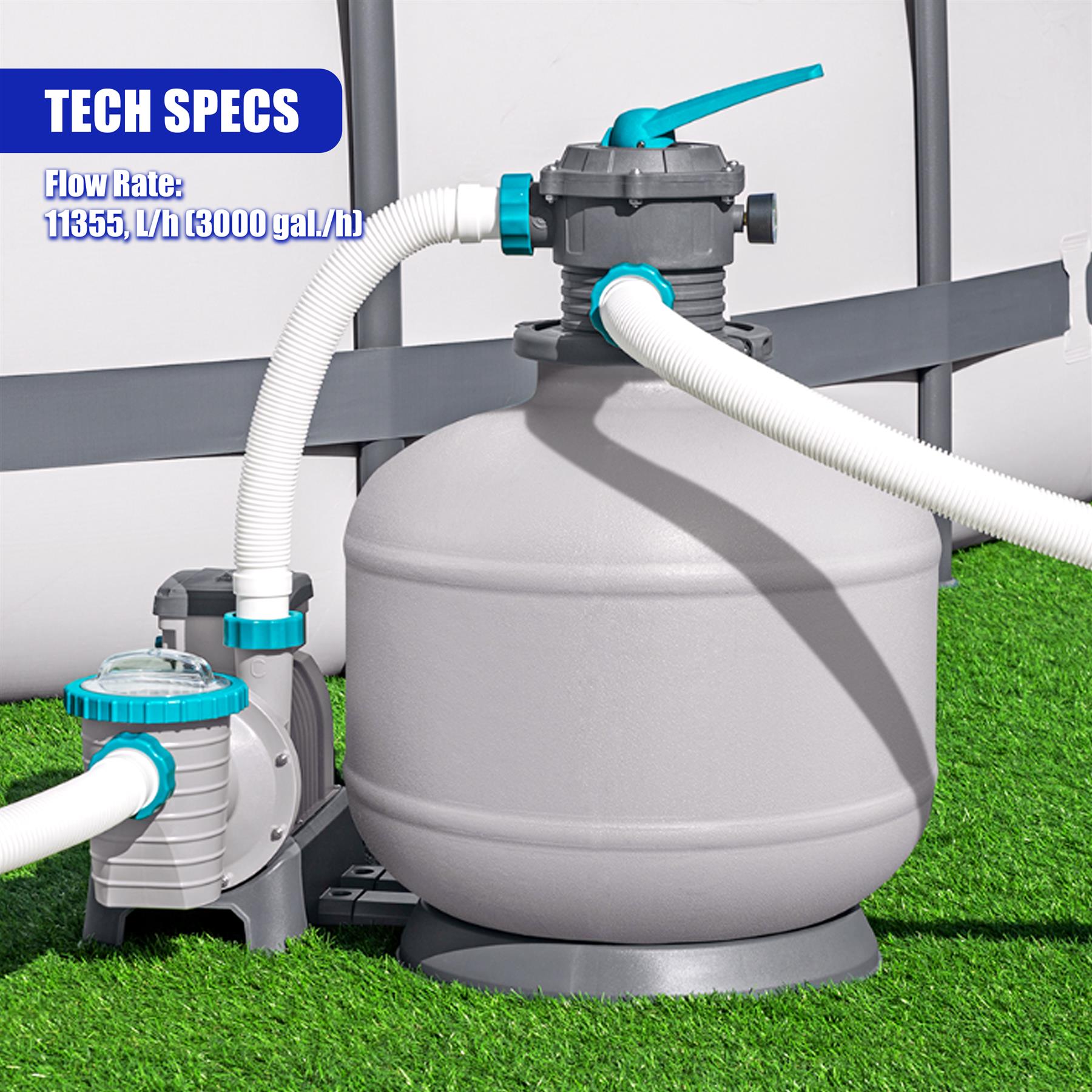 Large gray filter tank connected via piping to a pump and associated motor unit.