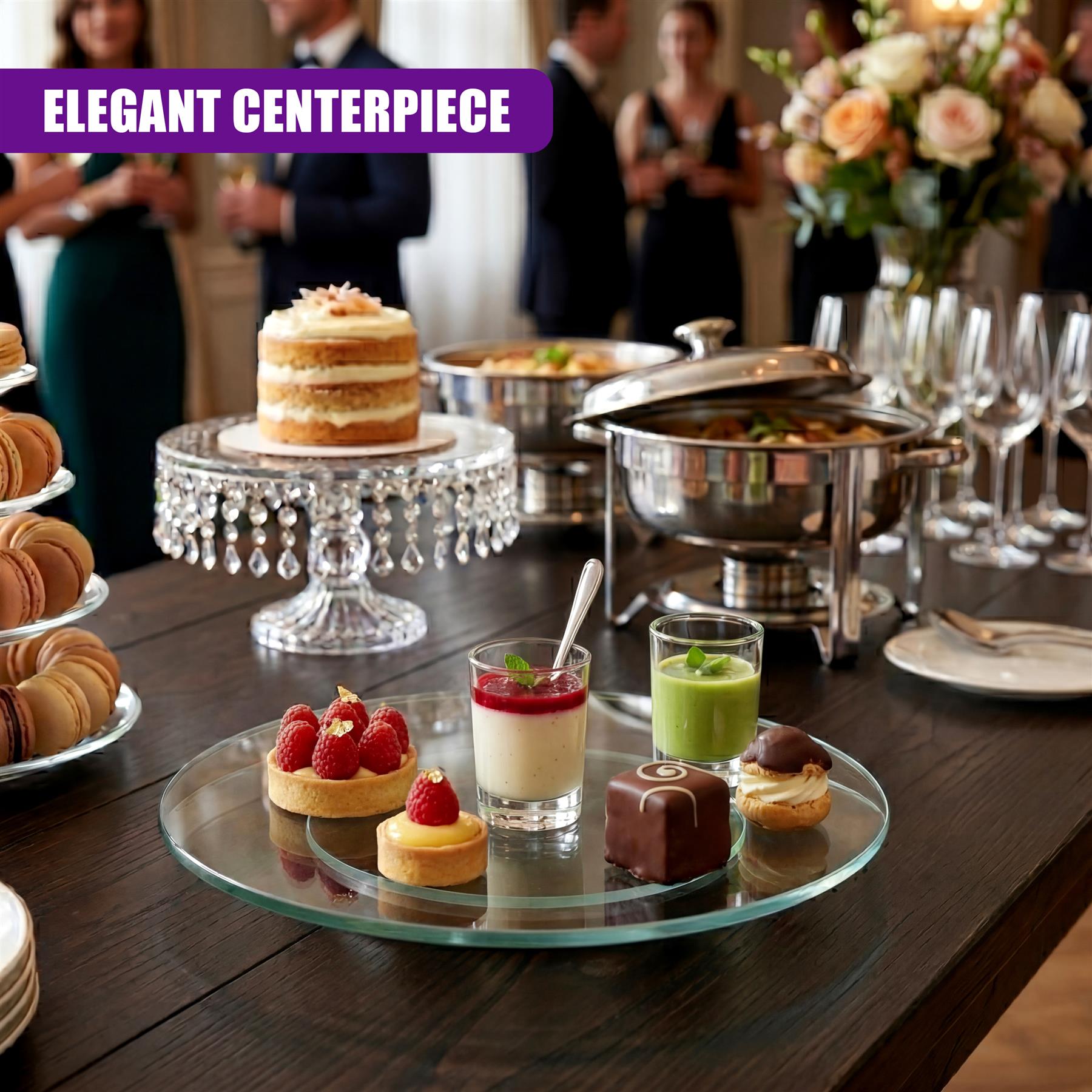 Displayed on the glass lazy susan are small desserts, tarts, chocolate pieces, and drinks.
