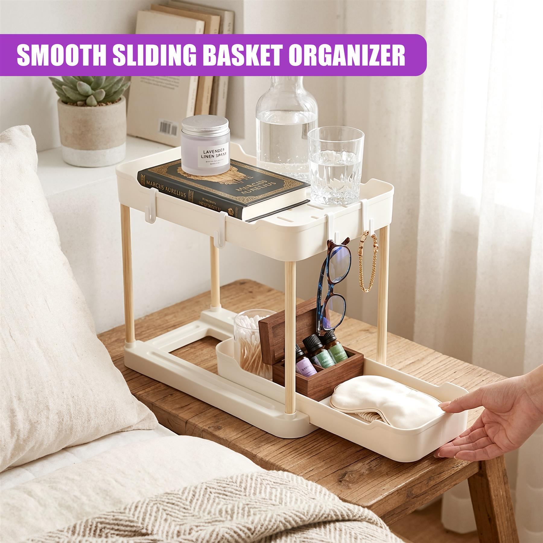 Two-tiered organizer holds perfumes, reading materials, and accessories on two levels next to a bed.