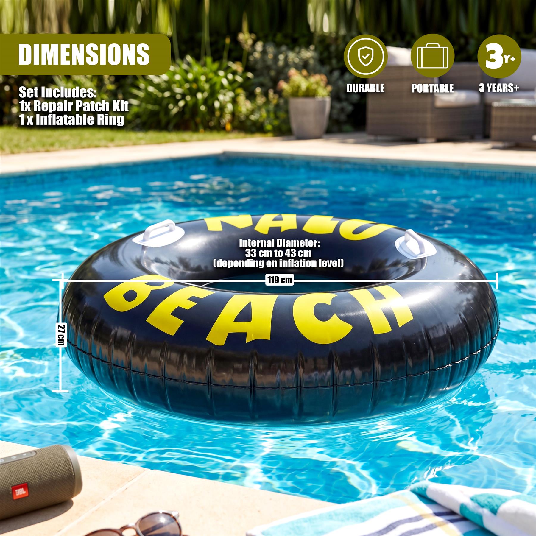 Black and yellow inflatable pool ring displaying the word "BEACH" floating in blue water.