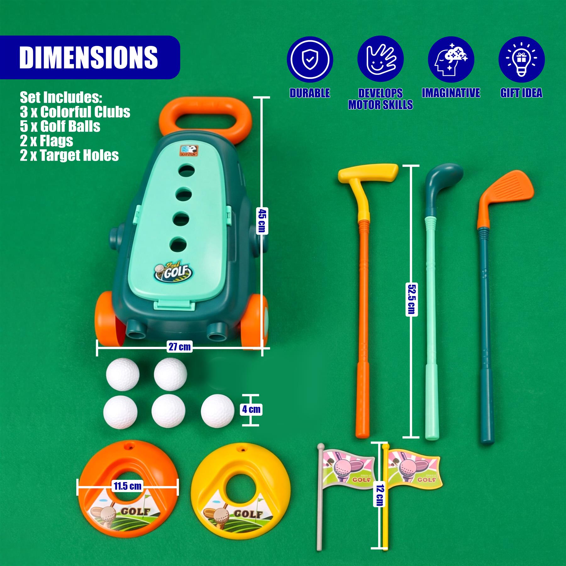 Children's golf set featuring a cart, multiple clubs, golf balls, circular target mats, and two flags.