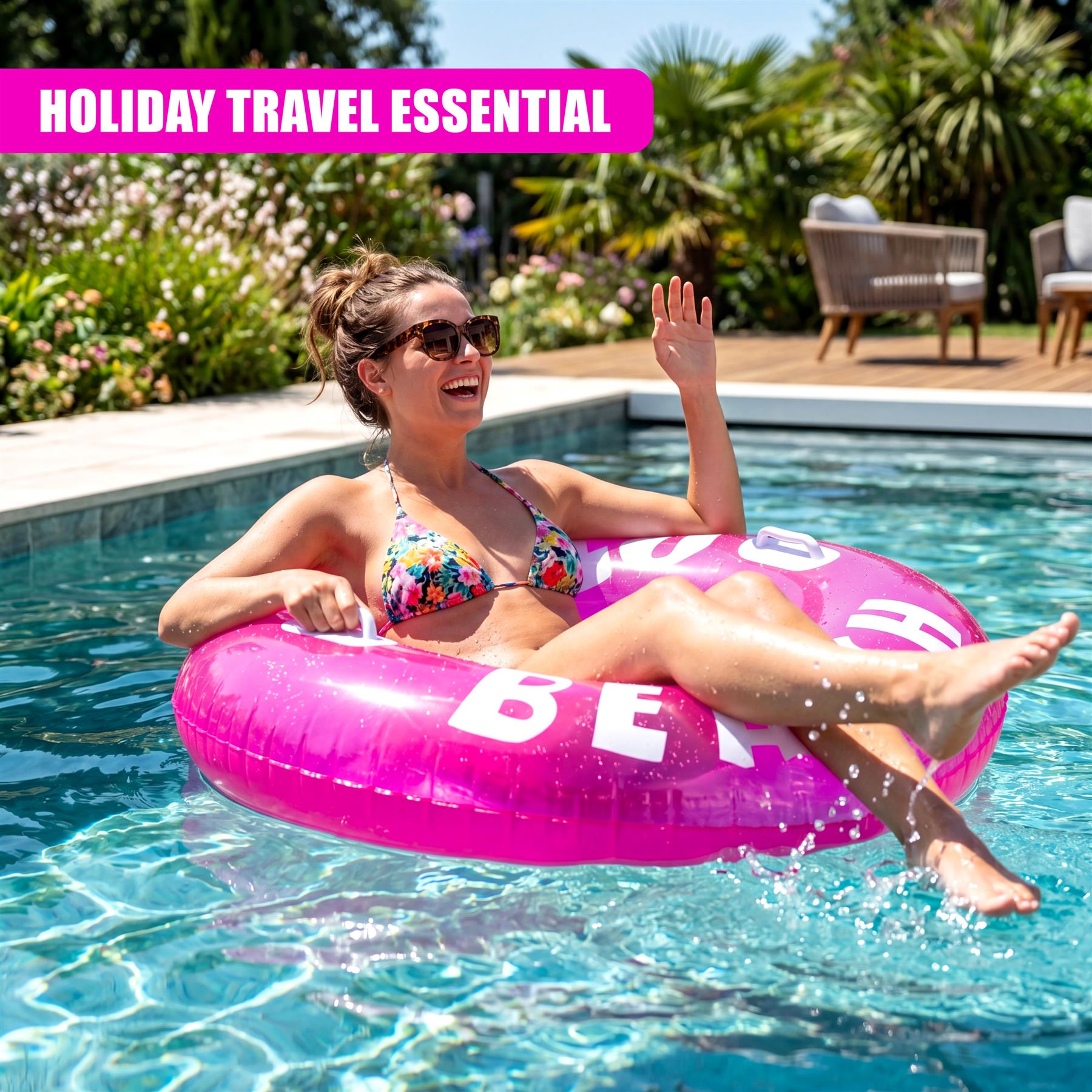 Woman floats on bright pink inflatable ring in a pool near a tropical setting.