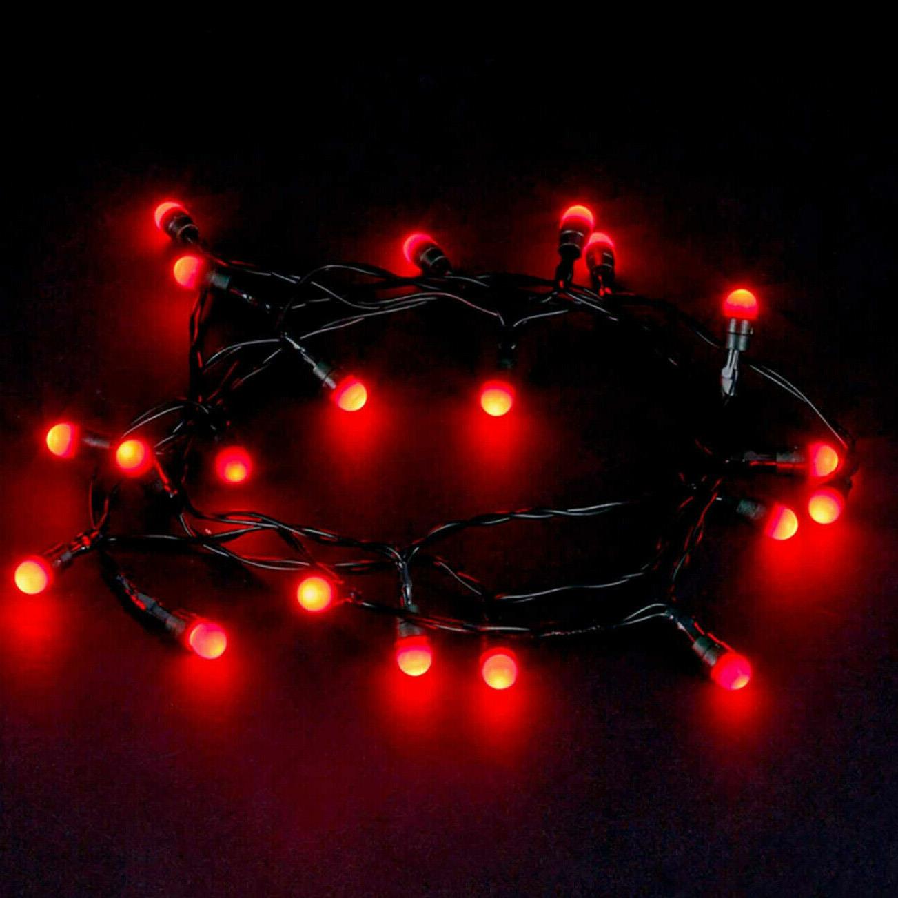 String of red LED lights with berry-shaped bulbs, set against a dark background. The lights are arranged in a tangled formation, featuring a total of 100 bulbs, perfect for festive decoration. Ideal for Christmas setups or other celebrations. Available at themagictoyshop.