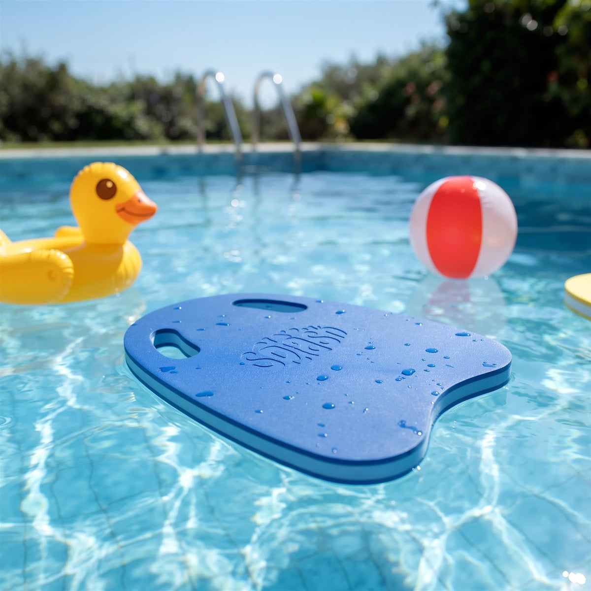 Blue GEEZY foam kickboard floats in a pool with a duck and ball