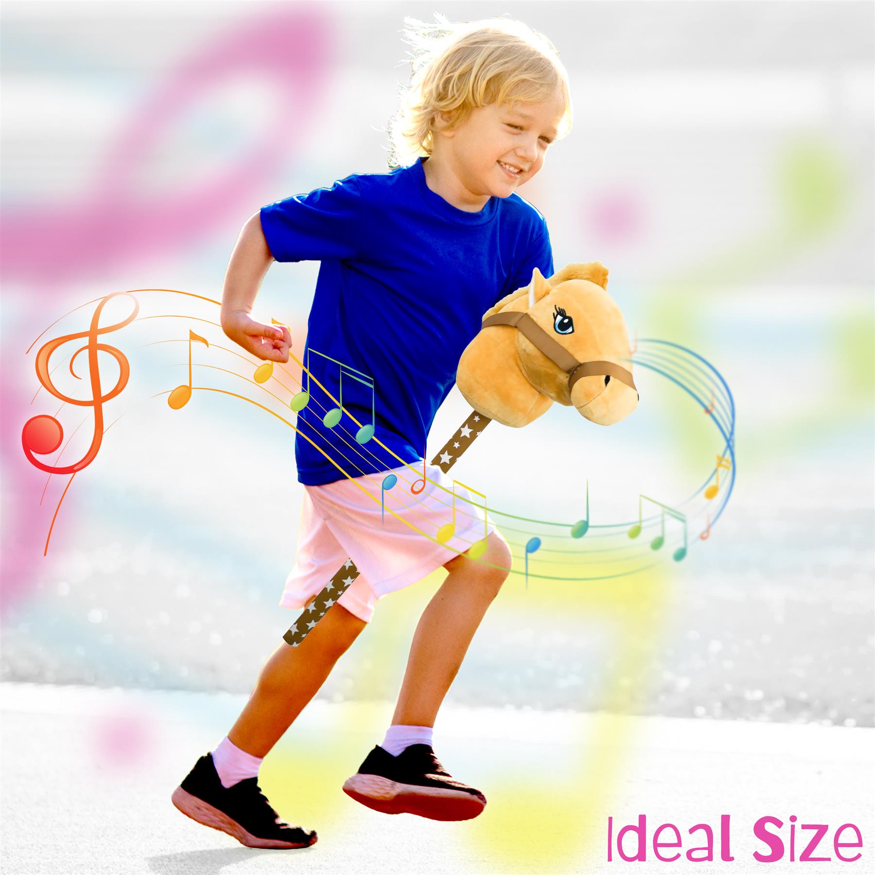 A joyful child runs outdoors with a plush brown hobby horse on a stick, wearing a blue t-shirt and pink shorts. Colorful musical notes swirl around them, enhancing the playful atmosphere. Ideal for imaginative play and outdoor fun, perfect for kids. themagictoyshop