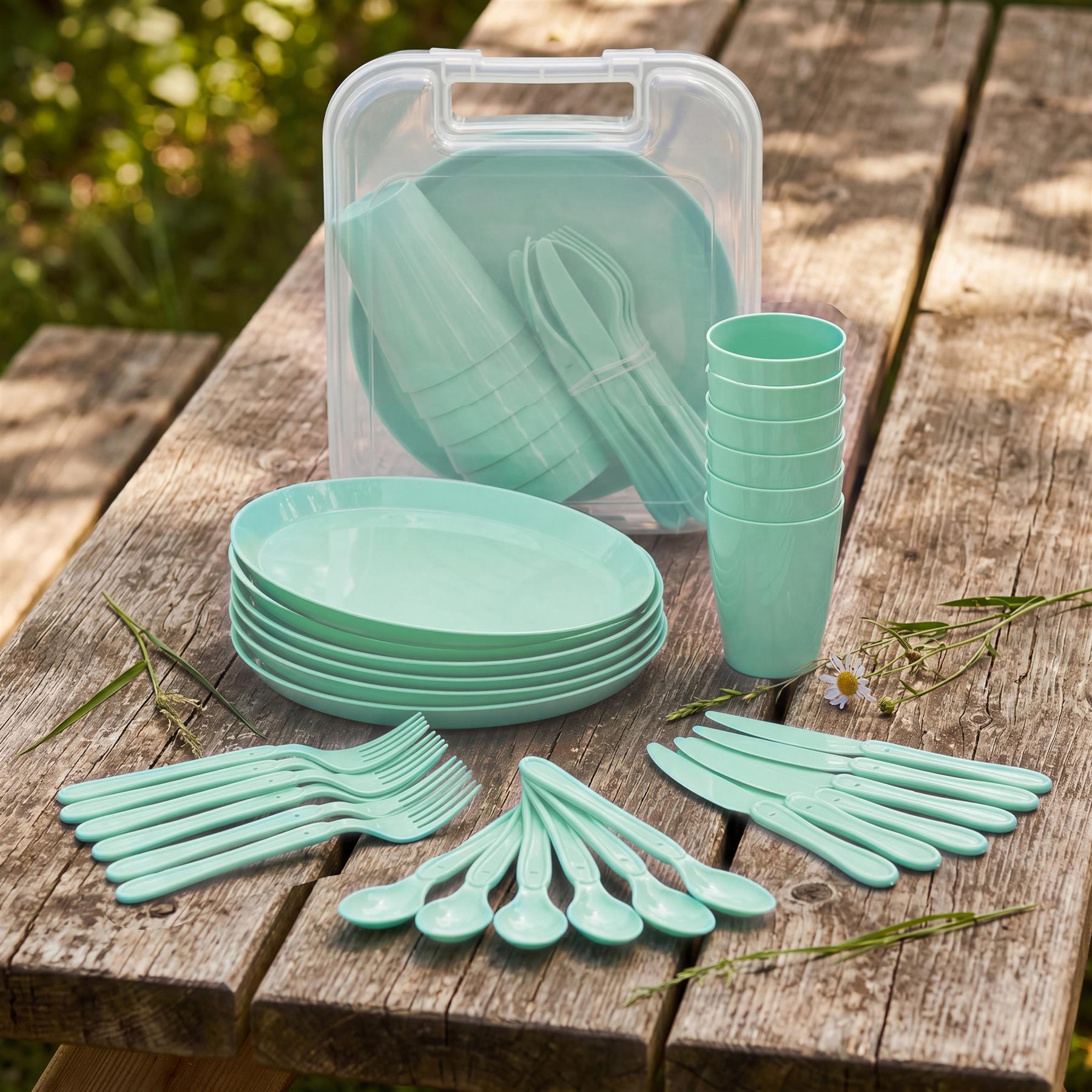Light green picnic set displayed with stacked plates, cups, and various pieces of cutlery.
