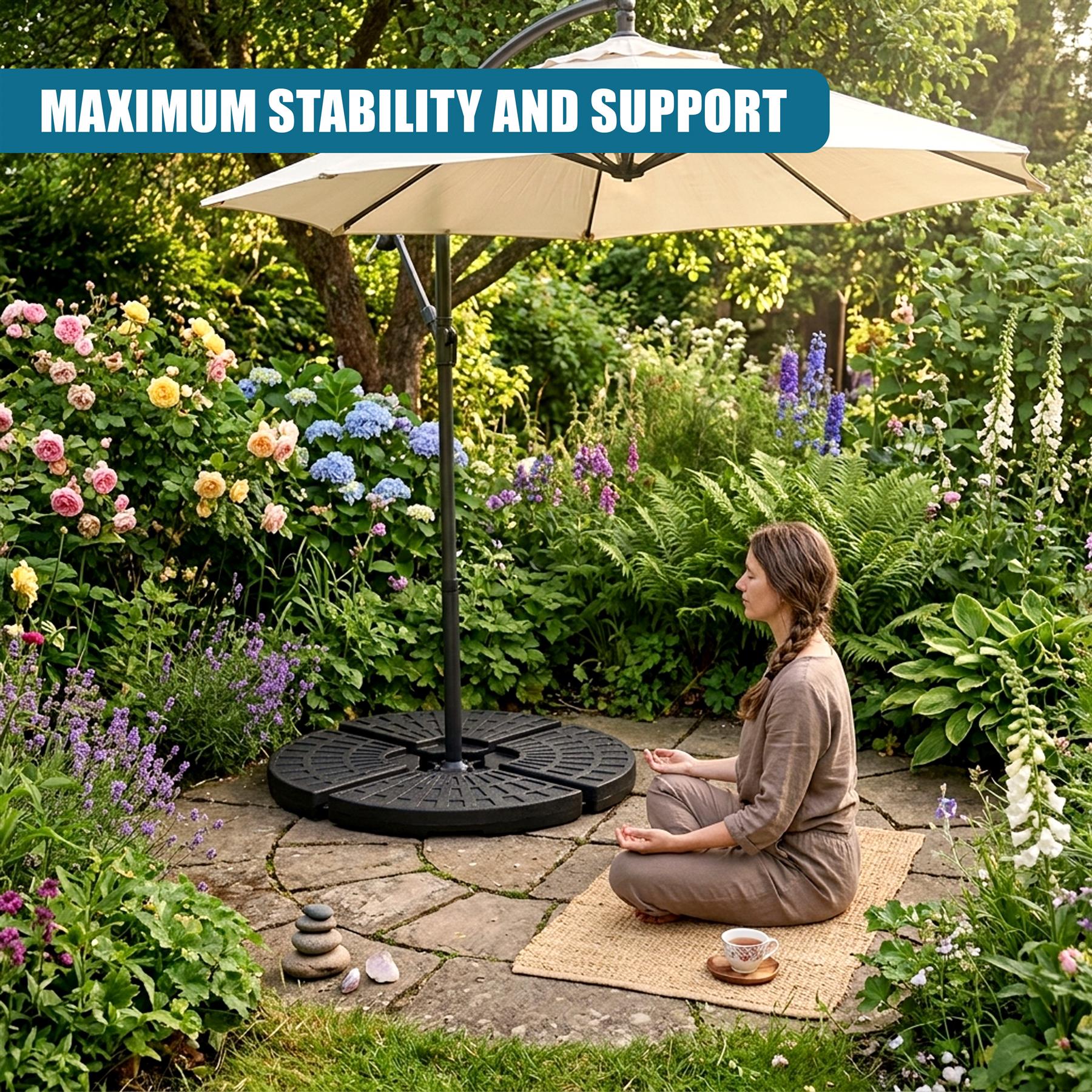 Open parasol with a circular base set amid blooming flowers in a lush garden patio.