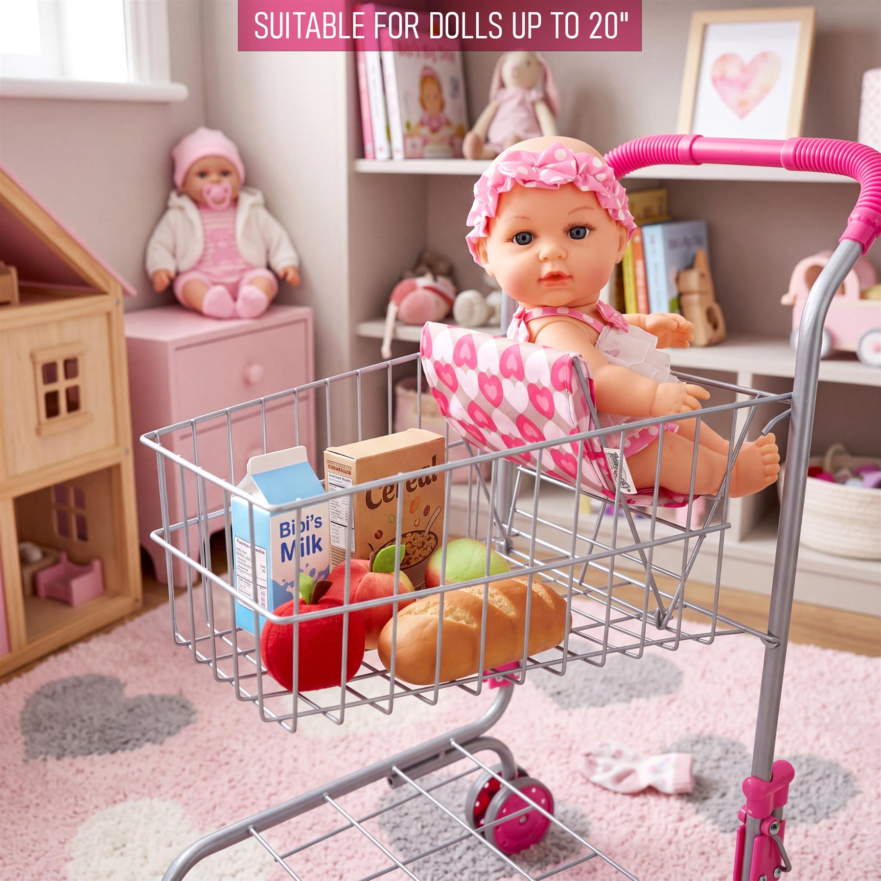 Shopping cart features a doll seat, doll, and groceries like milk, fruit, and cereal.