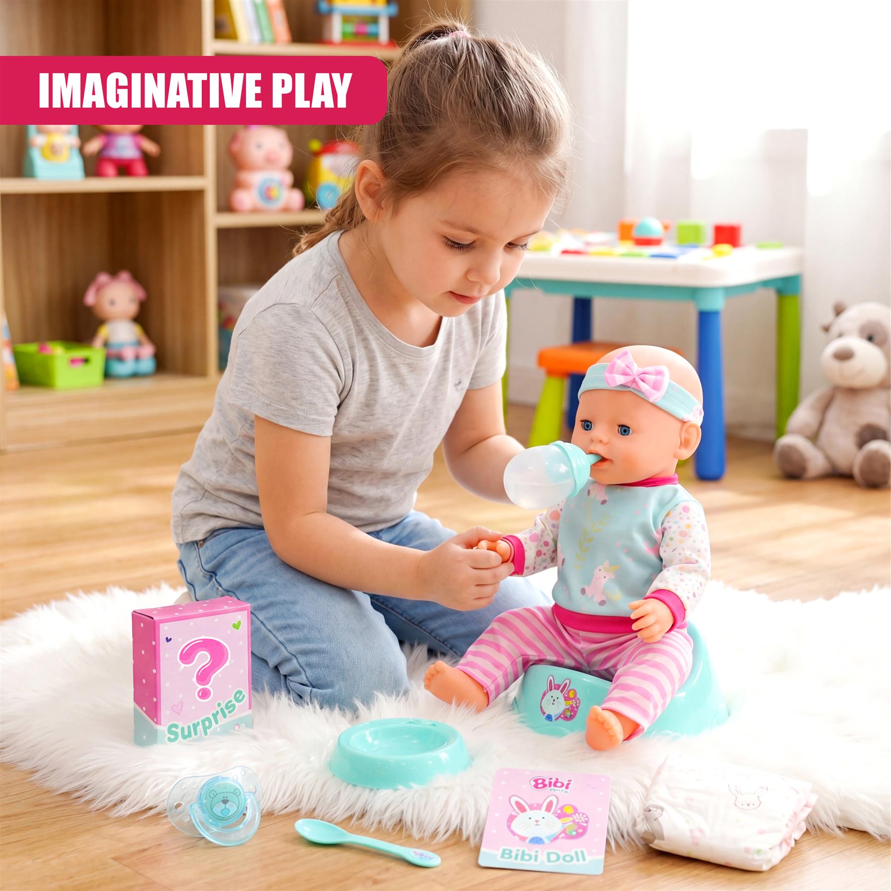 Girl kneeling, playing with a baby doll, a pink surprise box, and blue accessories.