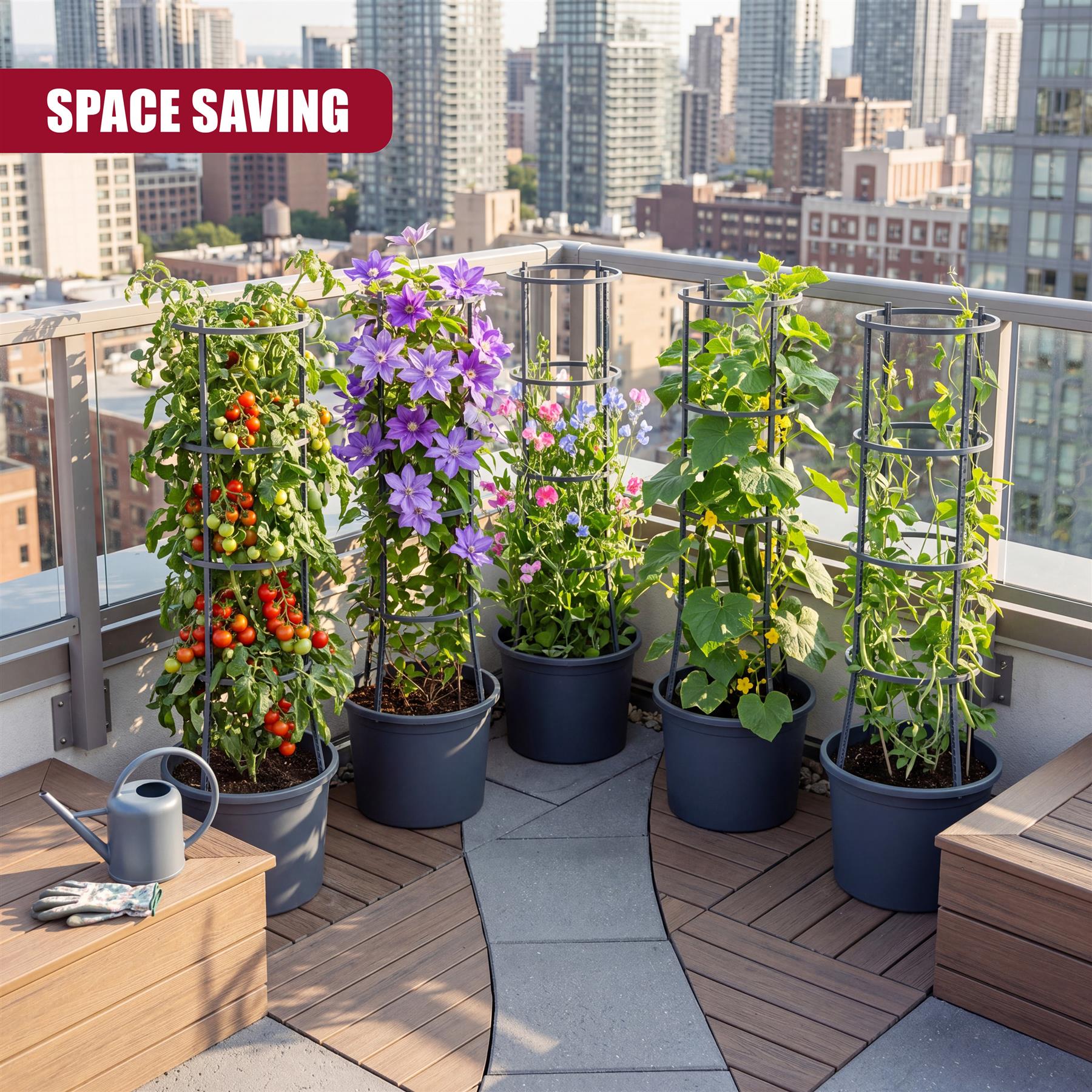 Group of stacked, vertical garden pots holding tomatoes, flowers, and foliage on a patio balcony.