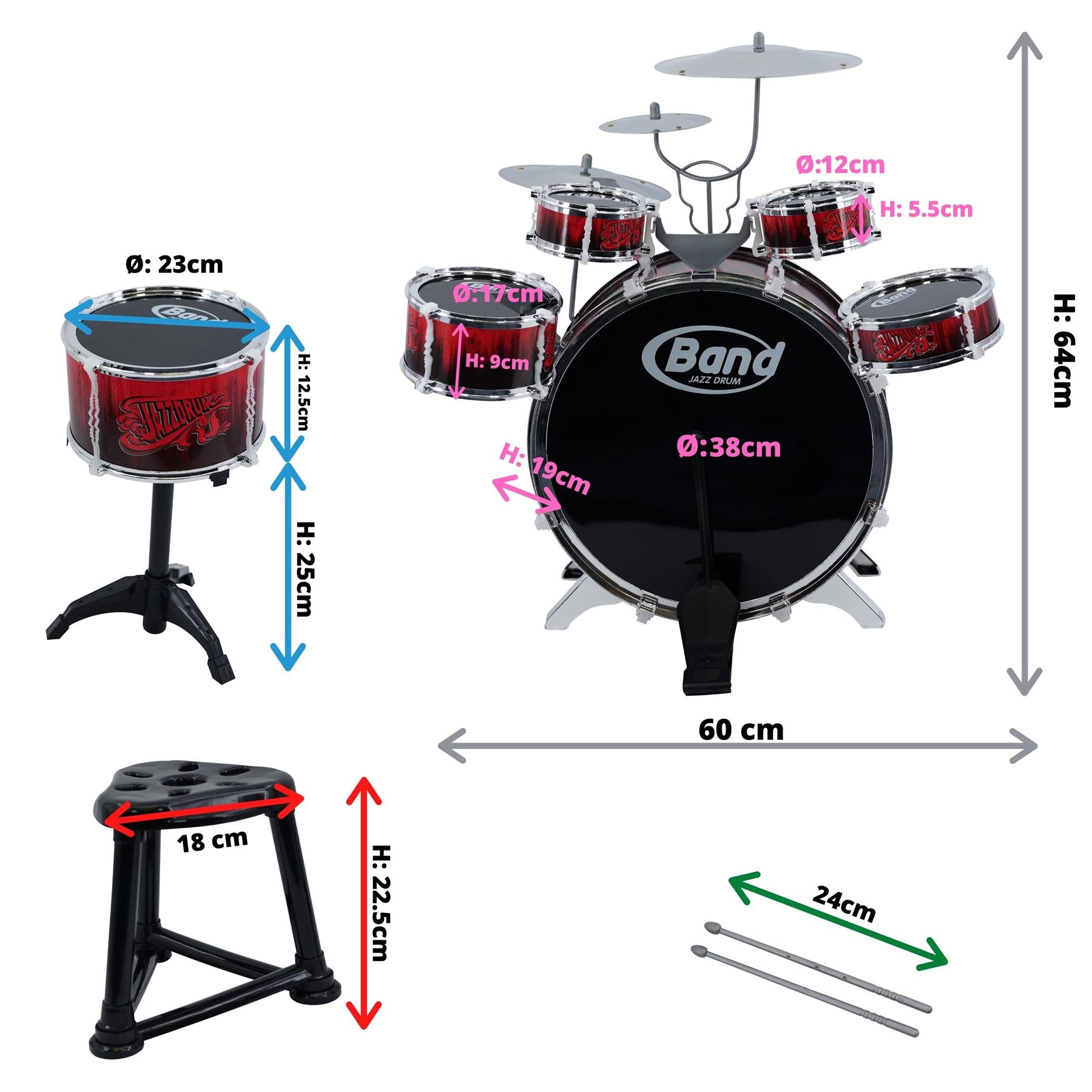 The Magic Toy Shop Kids Drum Kit With Stool 10 Piece