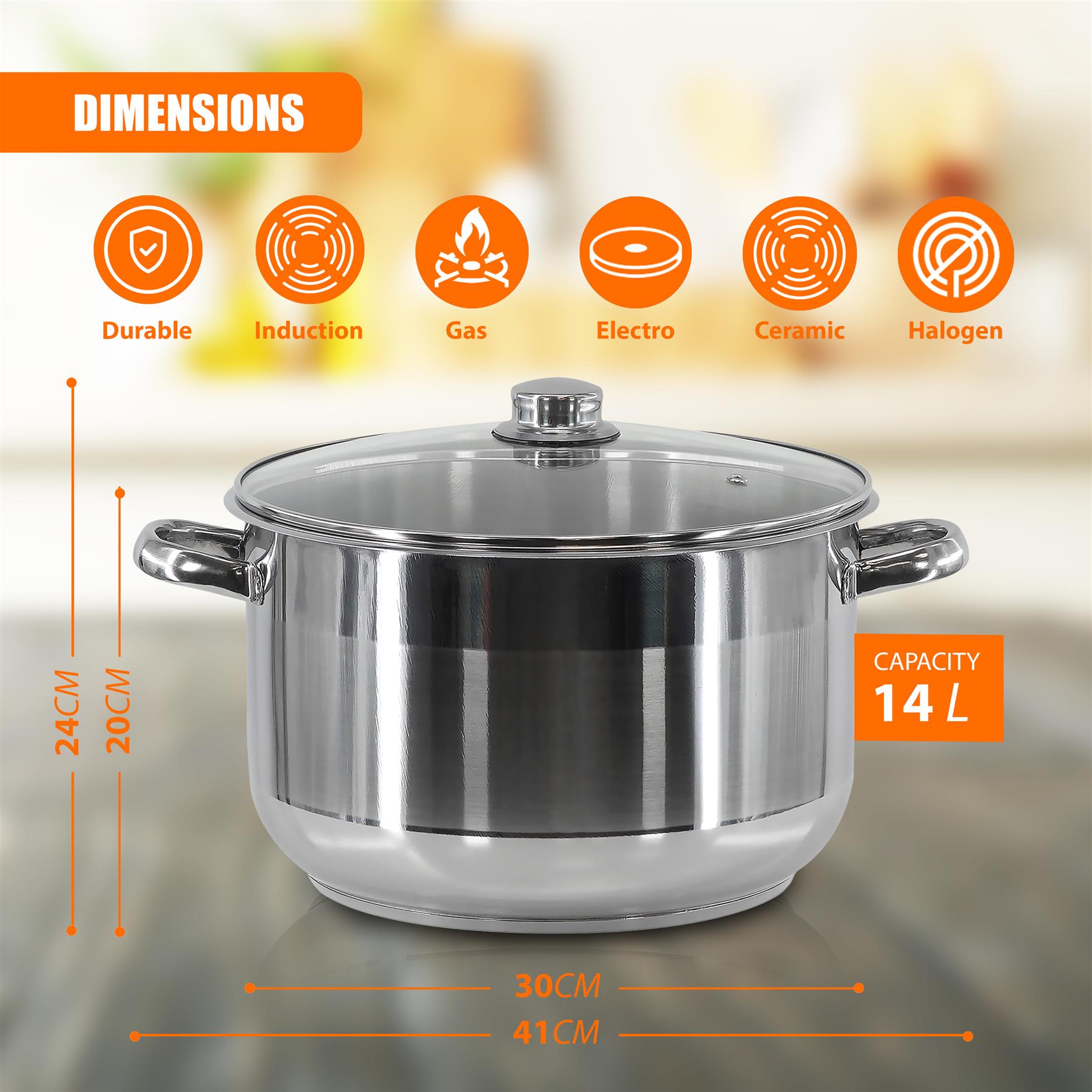 Stainless Steel Stock Pot with Lid - 14 L