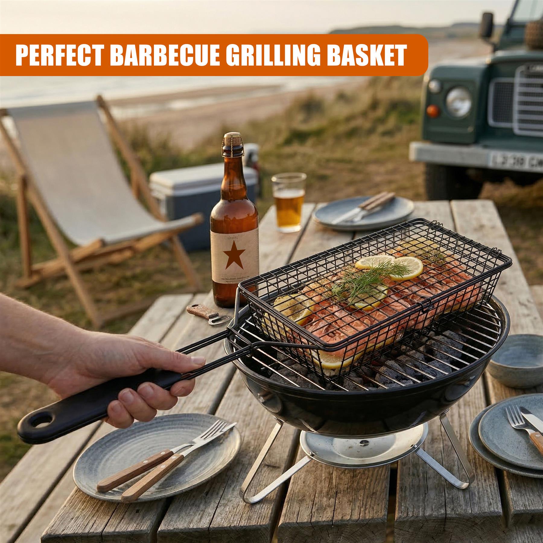 Black grilling basket filled with food sits on a stand on a wooden picnic table outdoors.