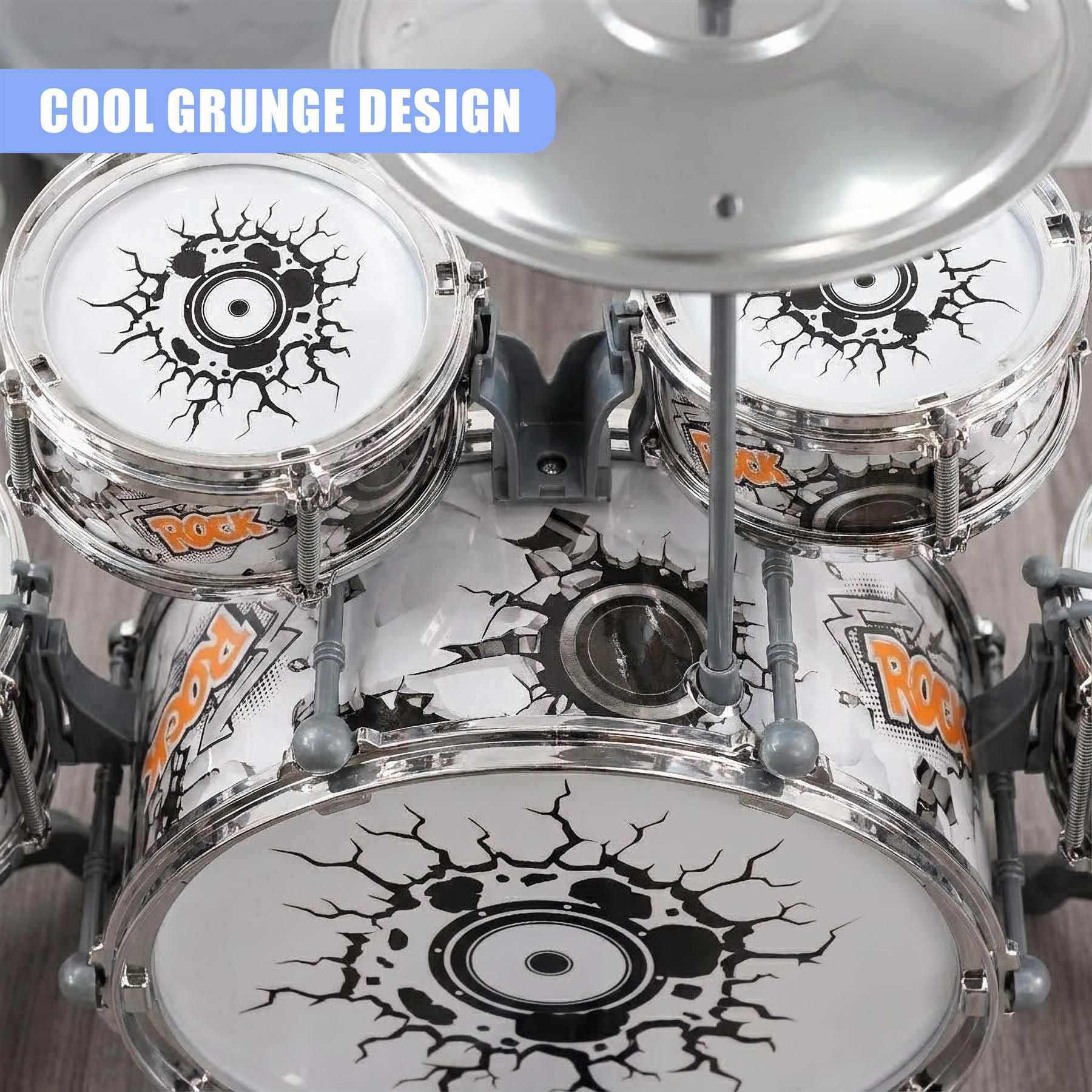 A drum set with a white and black design featuring a "rock" and "rock" logo, with a crack effect. The drums have a clear finish, and the hardware is gray. - The Magic Toy Shop