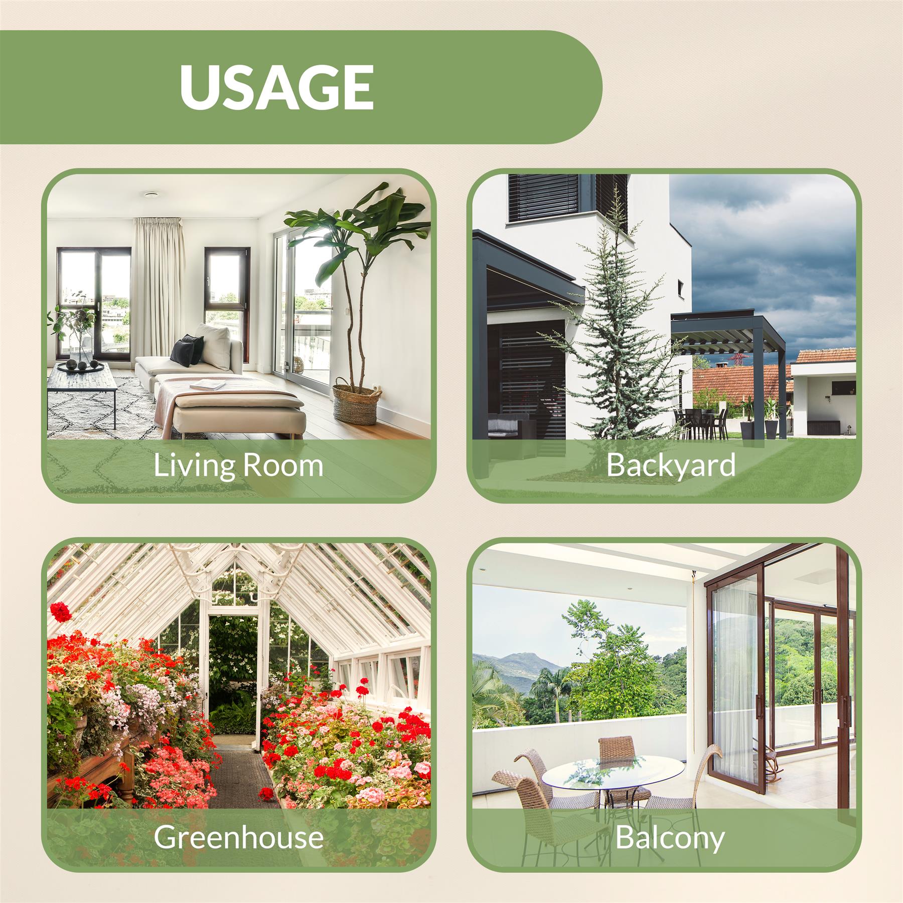 Usage of the product 'GEEZY 2 Tier Metal Plant Stand' in different contexts, such as a living room, a balcony, a backyard with a pool, and a front yard. The product is displayed alongside images of a serene lagoon, suggesting its use in various outdoor settings.