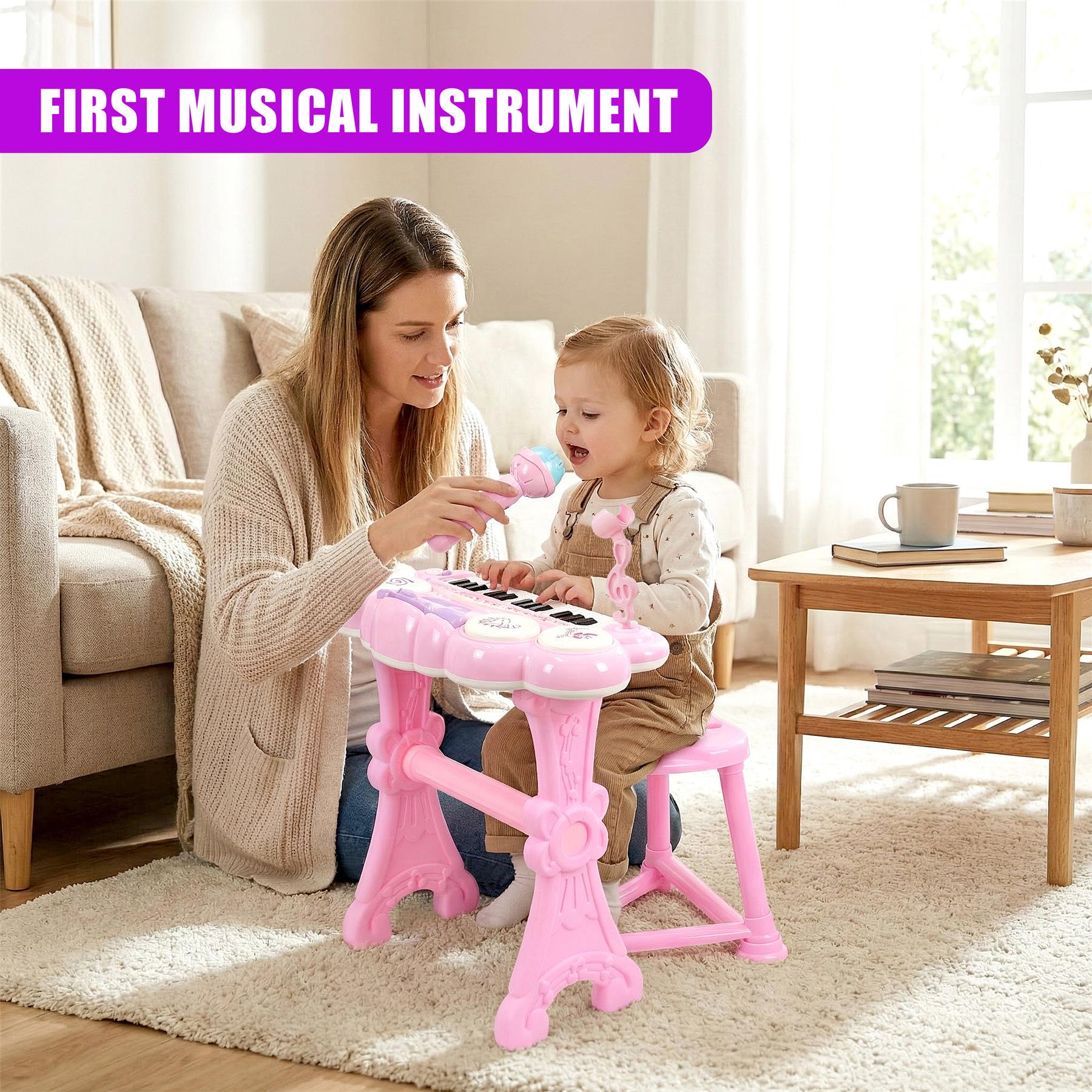 Pink Piano Toy with Microphone and Stool
