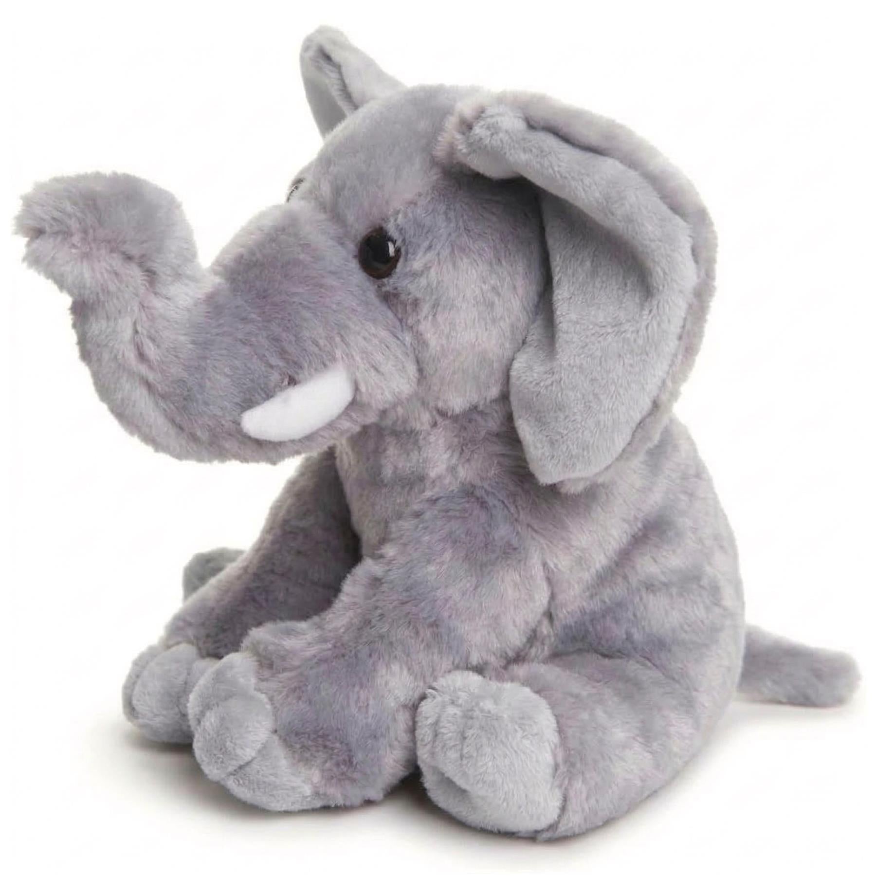 A stuffed plush toy of a sitting elephant, featuring large gray ears and a prominent trunk.