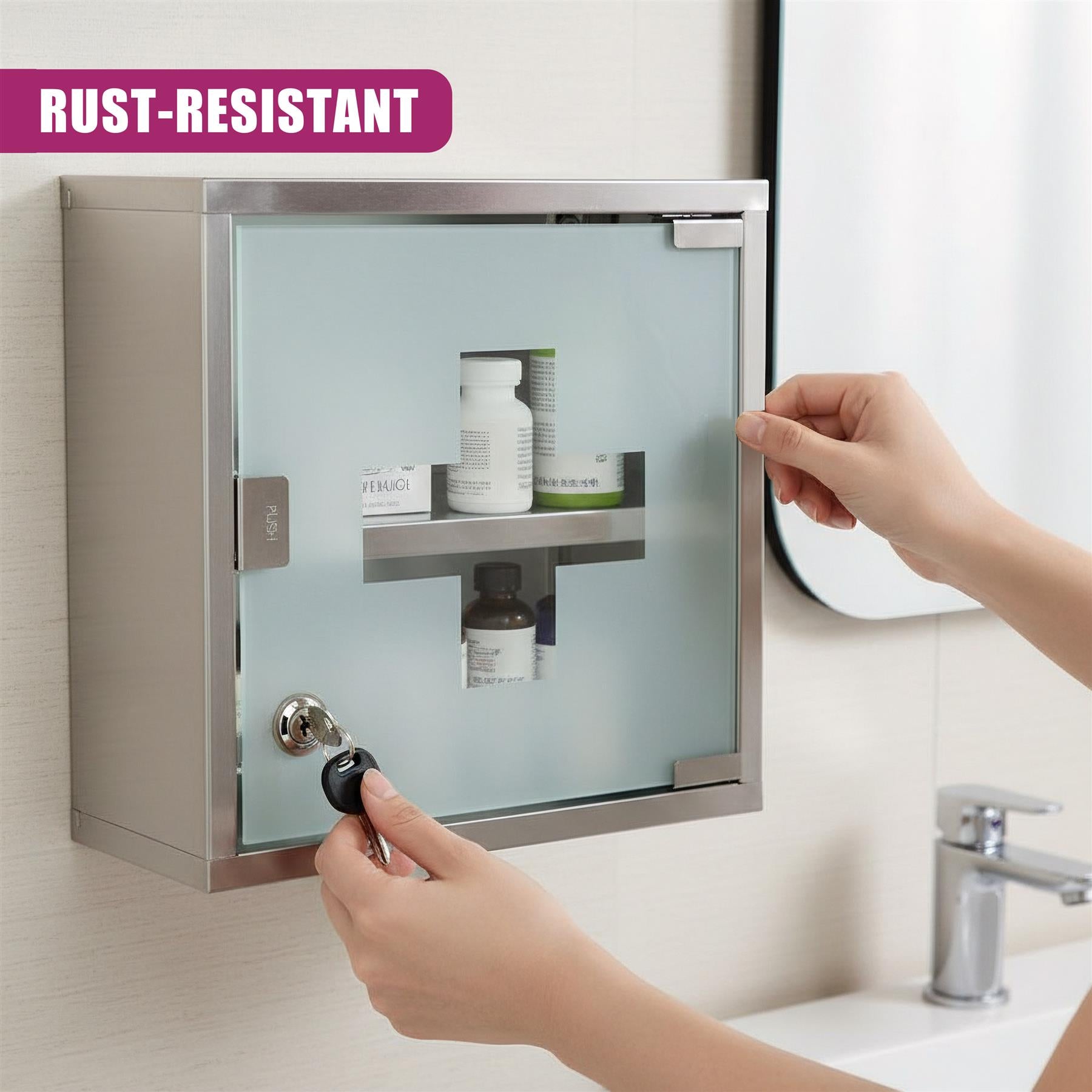 Hands open a metal medicine cabinet displaying internal shelves and organized bottles of supplies.