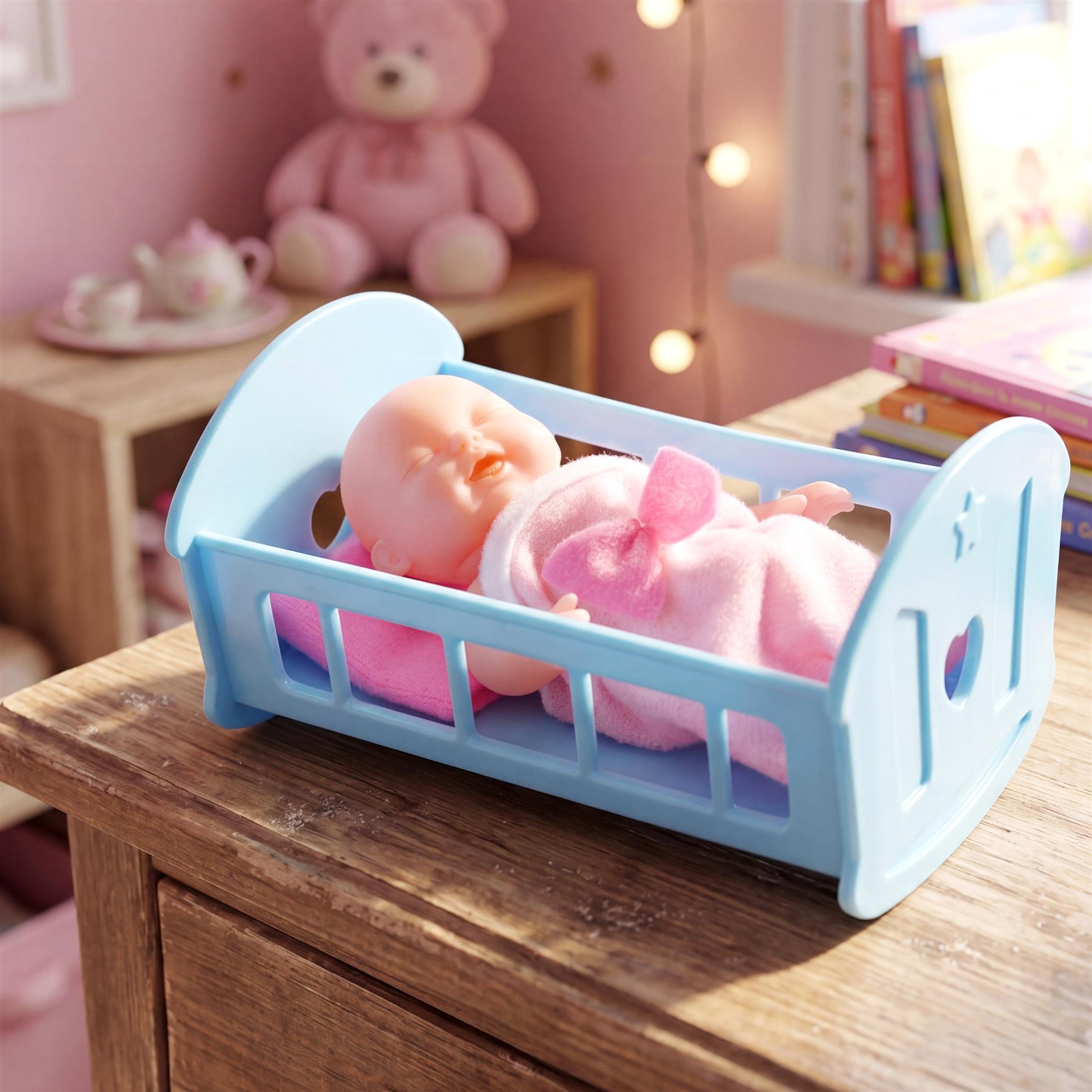 A light blue miniature crib holds two soft plush dolls lying inside on a wooden surface.