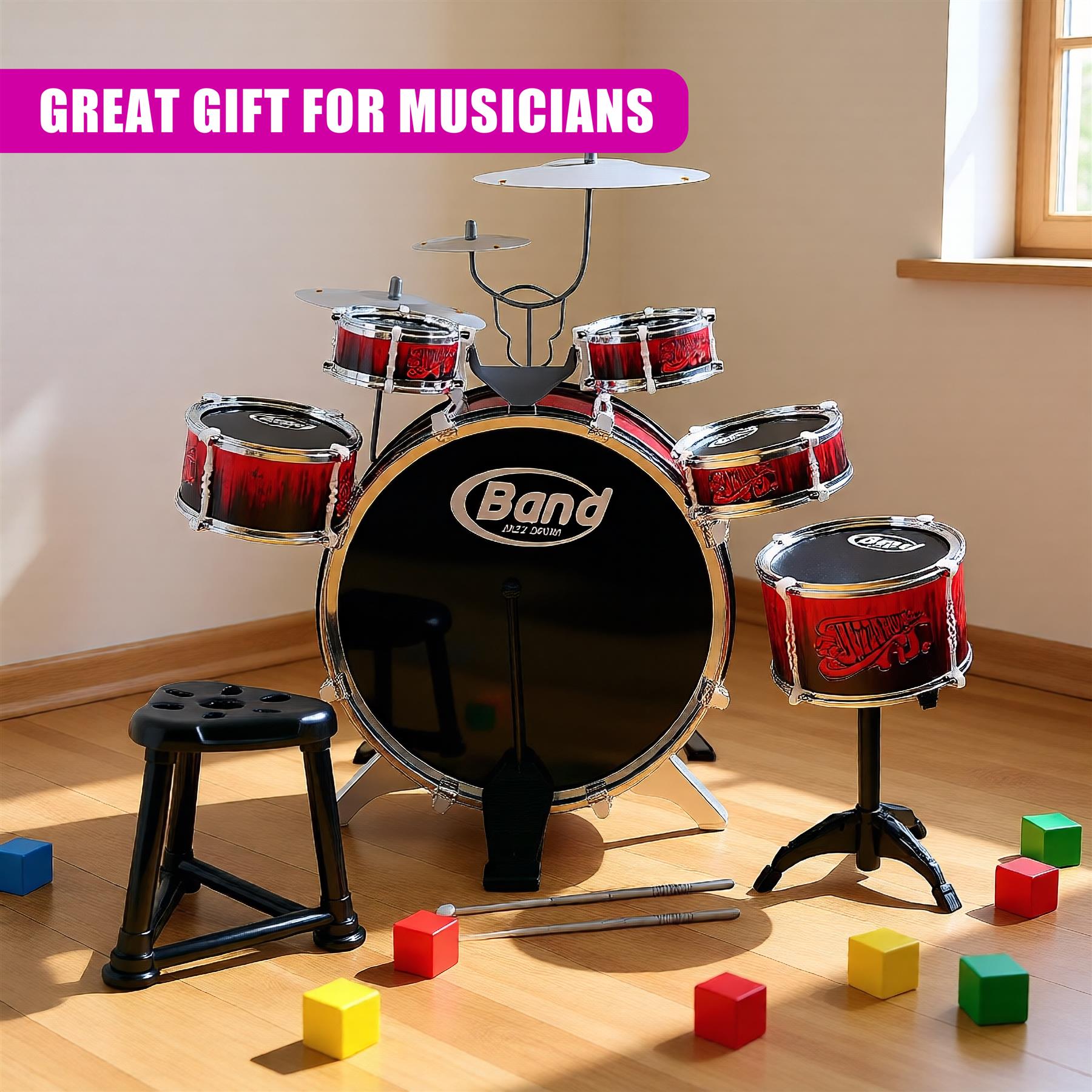 Kids Drum Kit With Stool 10 Piece