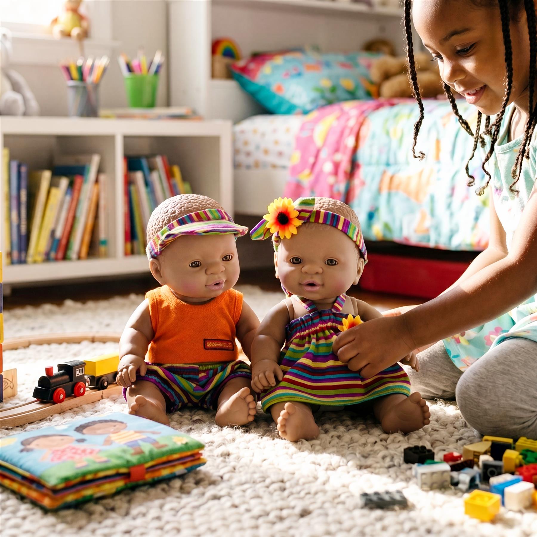 Two dark-skinned twin dolls are displayed standing together; they measure about 30 centimeters.