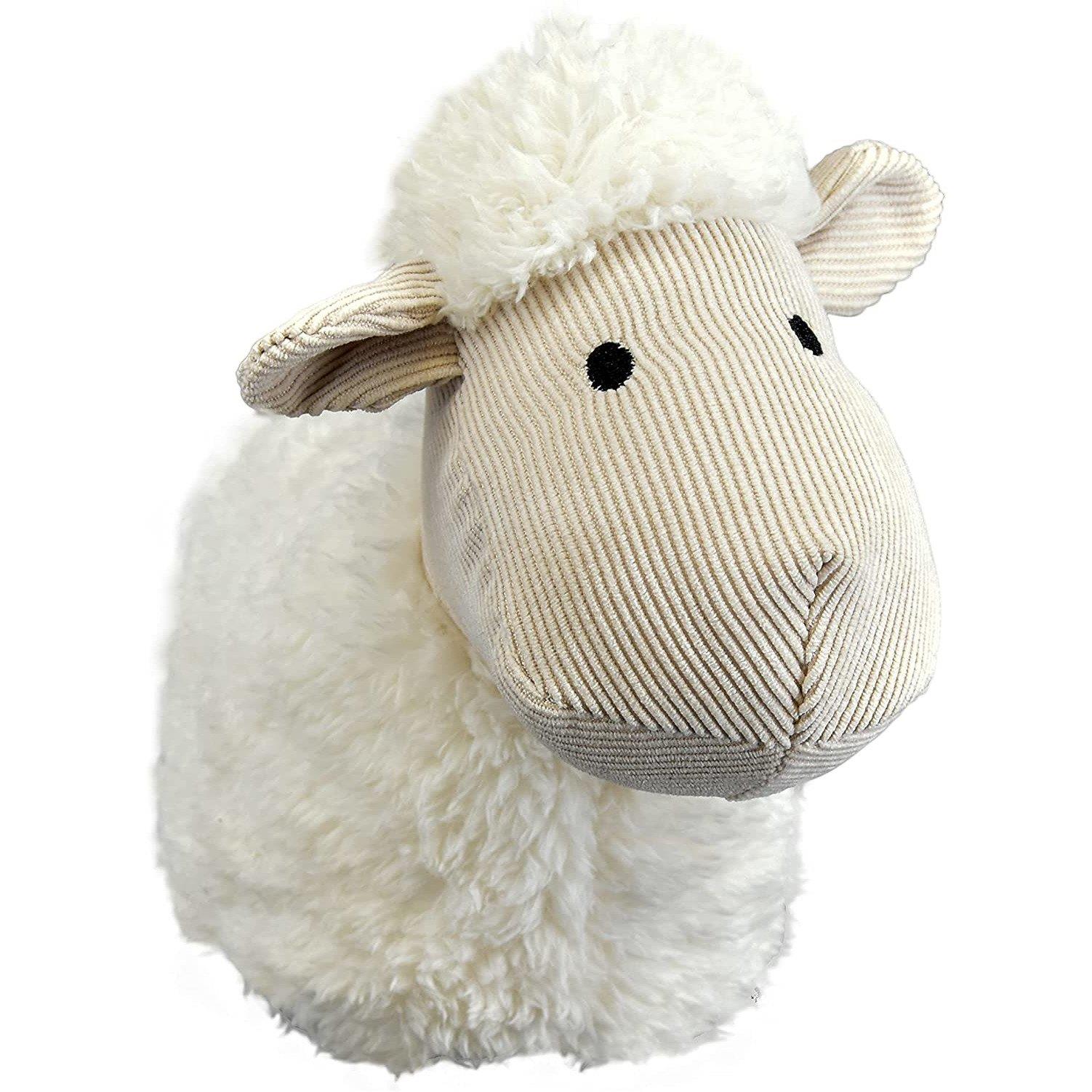 A plush white sheep with a corduroy body and fluffy white fur, with black eyes and a gentle, endearing expression. - The Magic Toy Shop