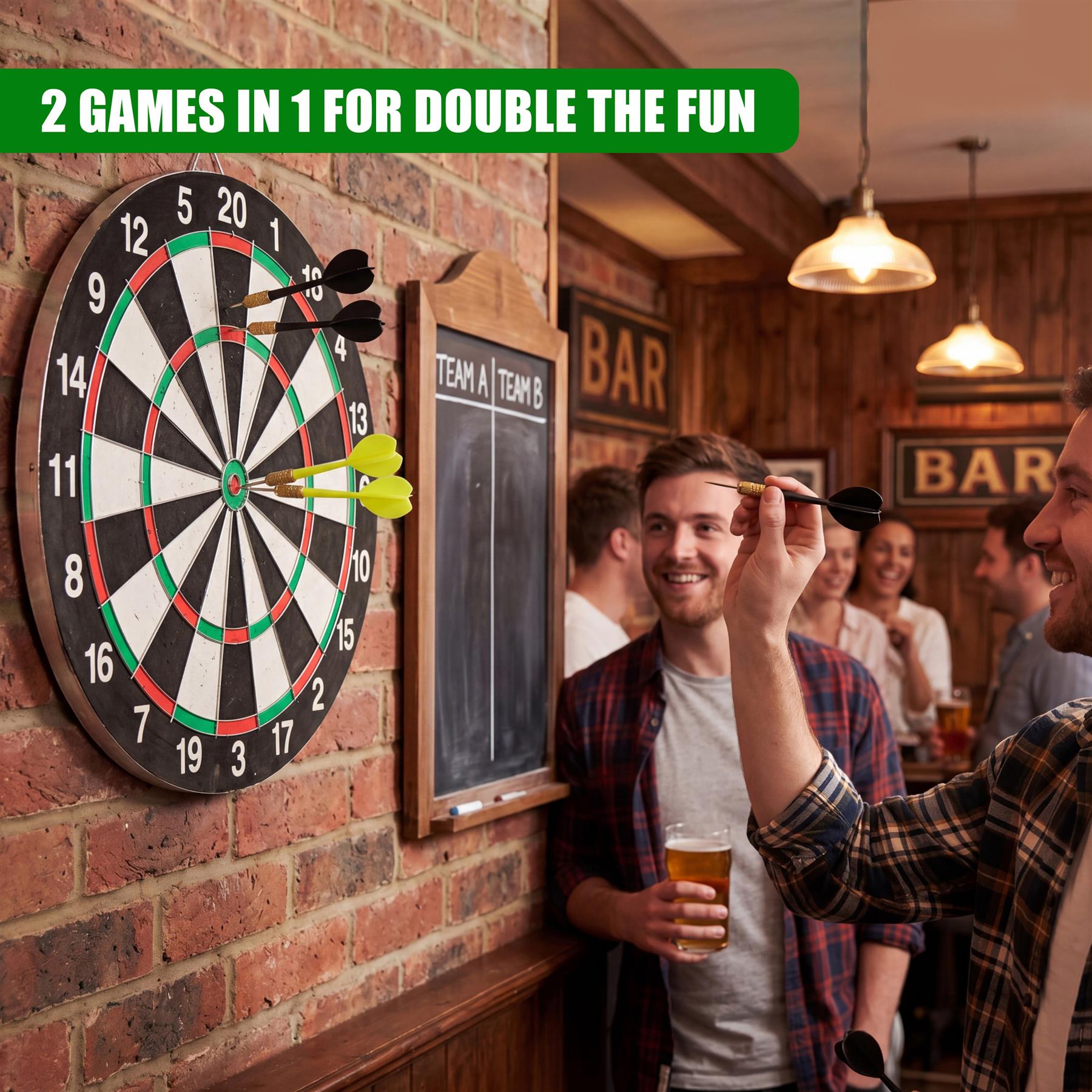 Double-sided dartboard with yellow and black darts mounted on a rustic red brick wall.