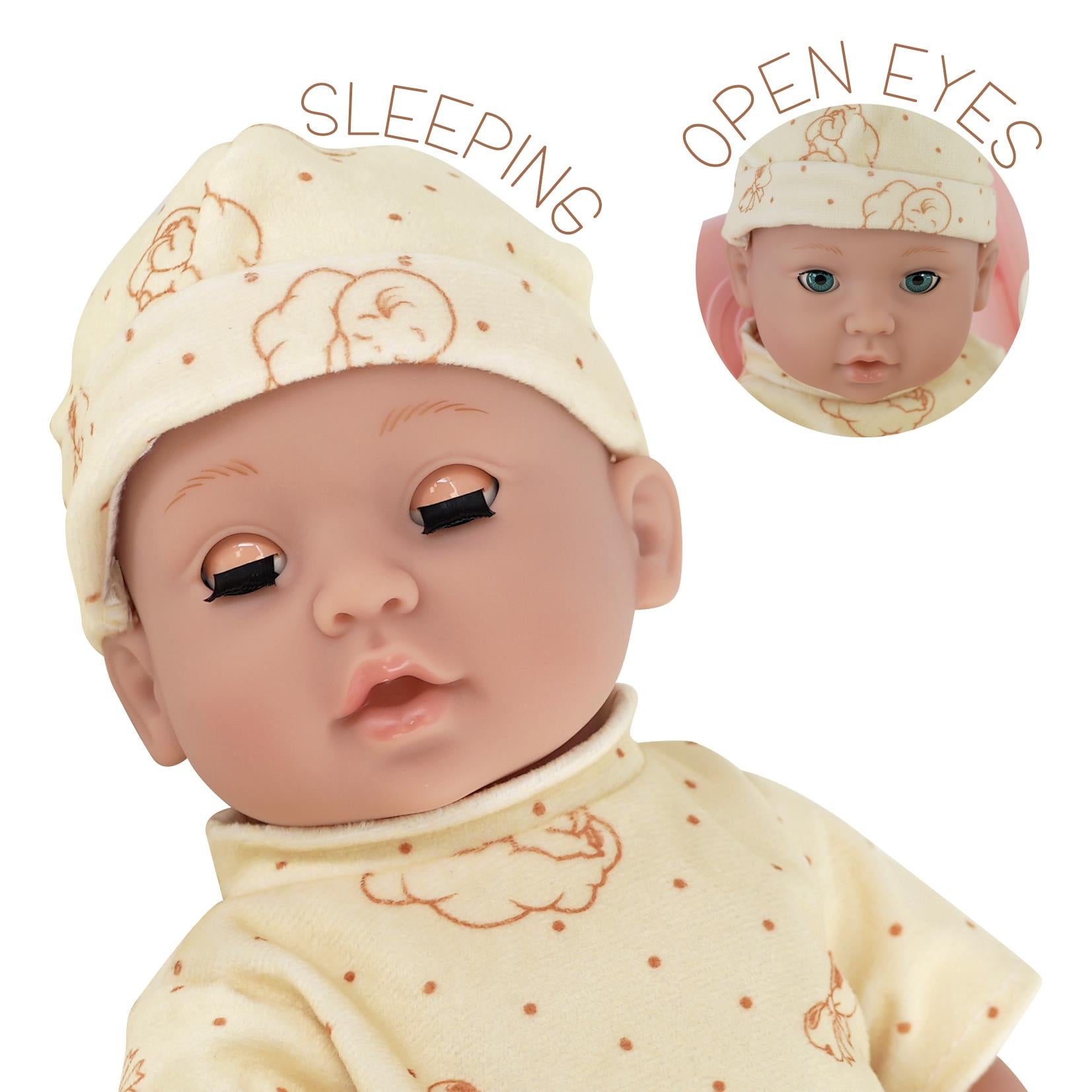 "Brown doll in high chair, sleeping peacefully." - The Magic Toy Shop