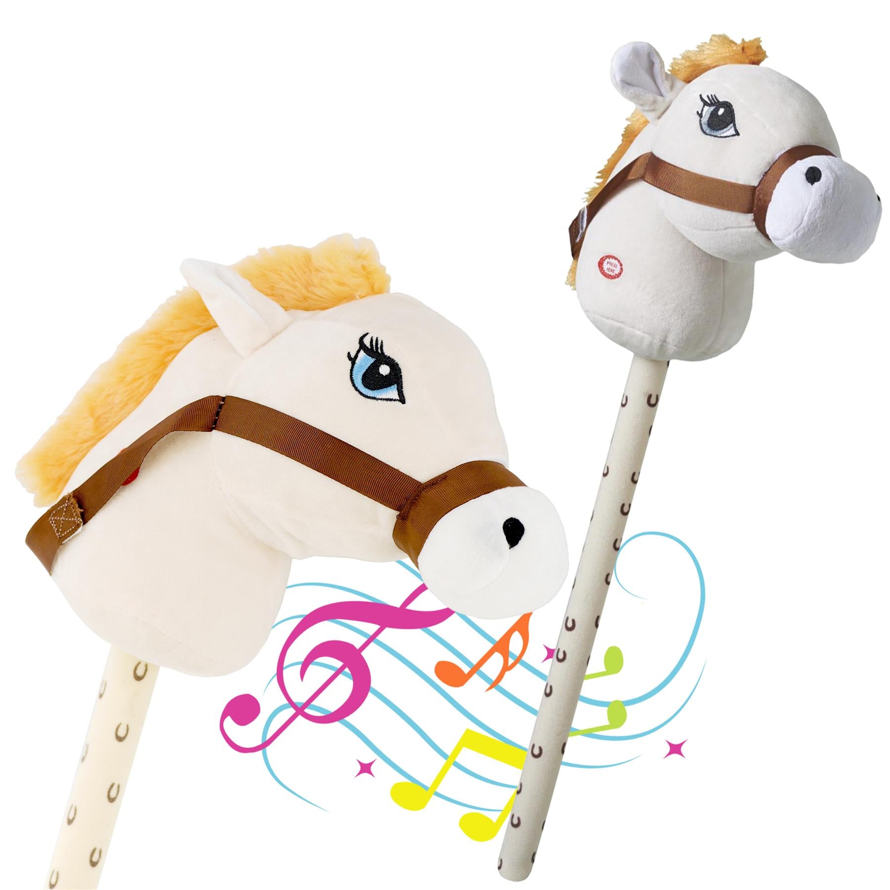 A plush cream hobby horse with a smiling face, soft mane, and brown bridle, mounted on a wooden stick decorated with horse shoe patterns. Musical notes are illustrated in the background, suggesting an interactive play experience. Perfect for imaginative play, this adorable toy adds joy to any child's day. Available at themagictoyshop.