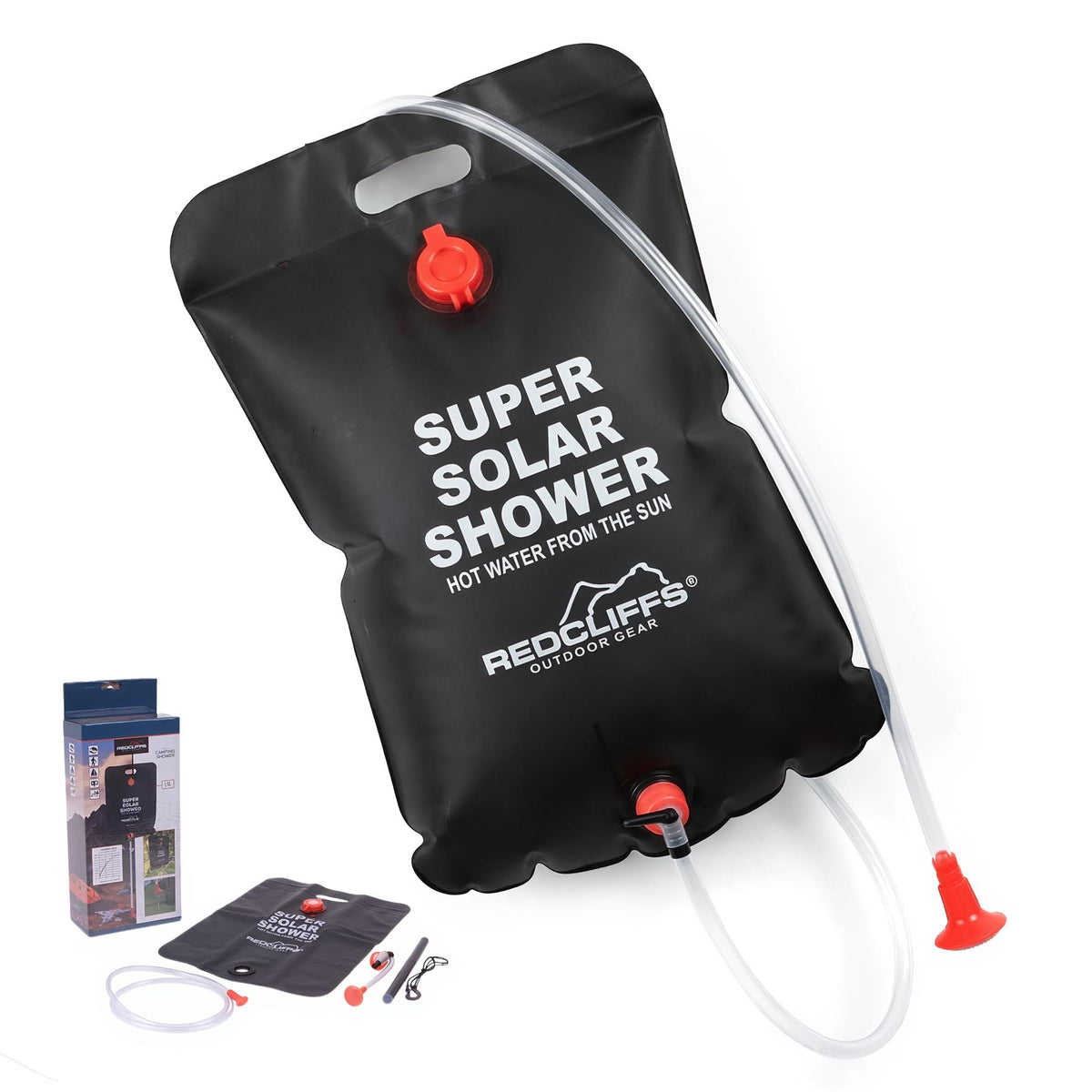 Black Solar Shower Bag from GEEZY, featuring a black PVC container and accessories
