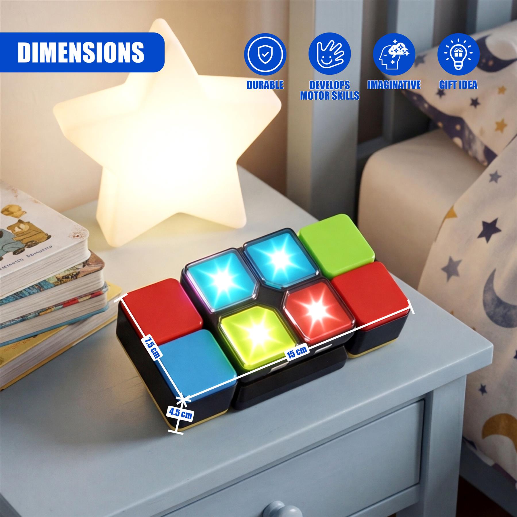 A geometric, handheld puzzle cube with several brightly colored, segmented faces.