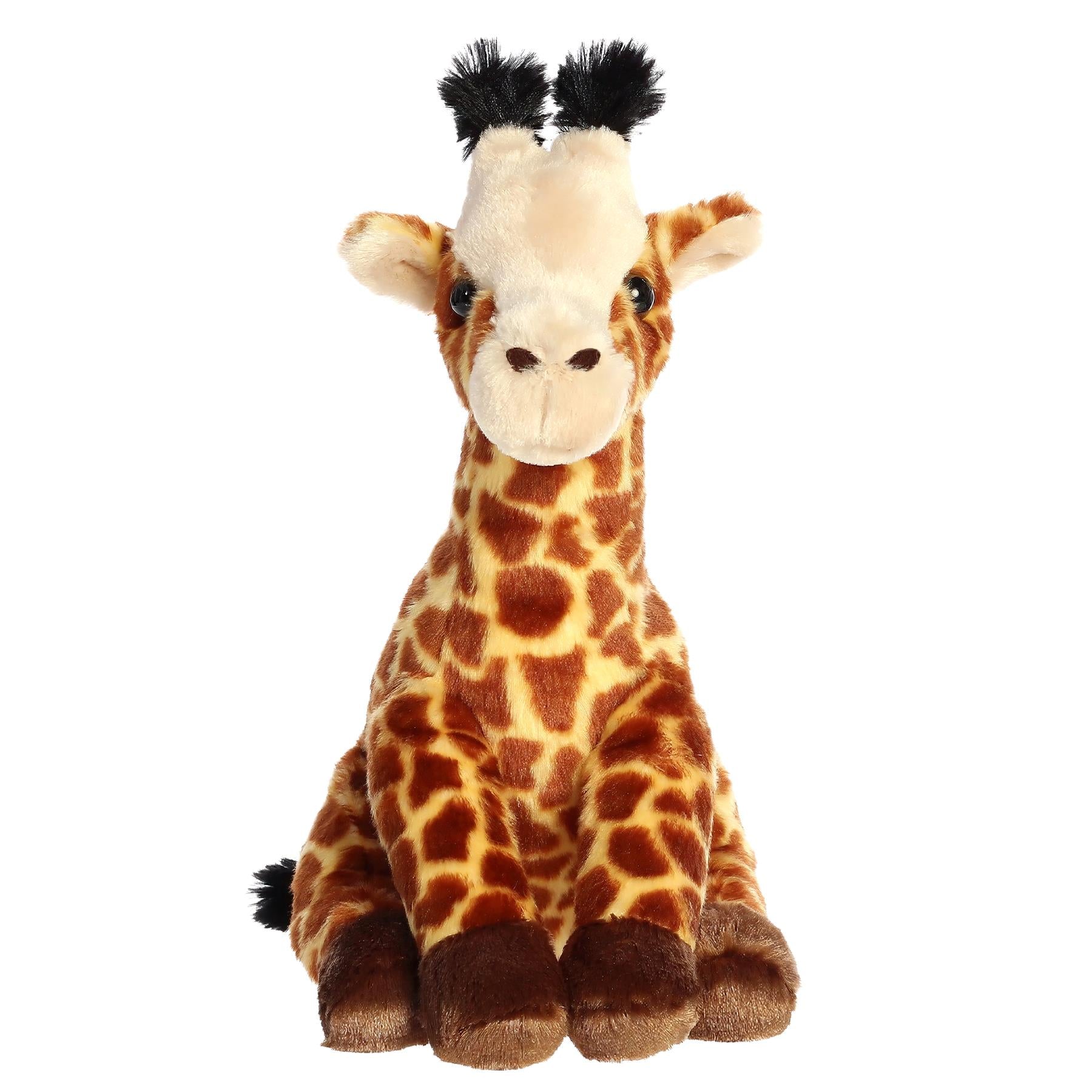 Stuffed giraffe toy with brown and tan spotted fur and black mane tufts.