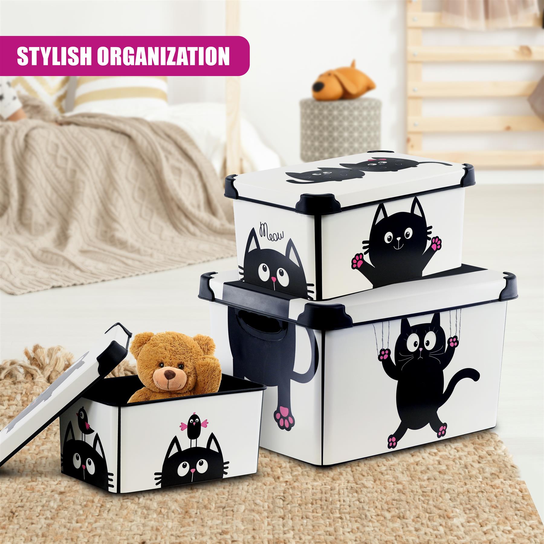 Cat Themed Storage Boxes with Lids - Set of 3
