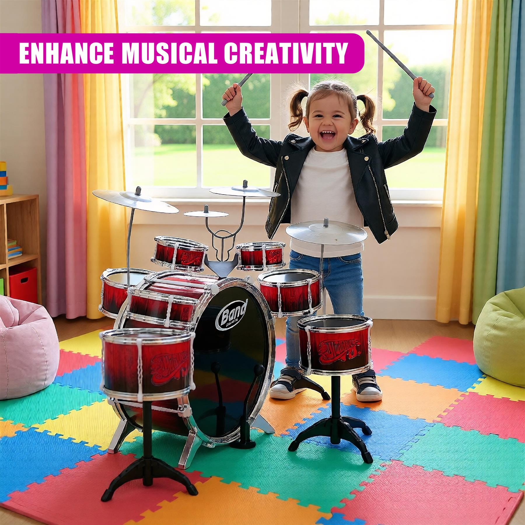 Kids Drum Kit With Stool 10 Piece