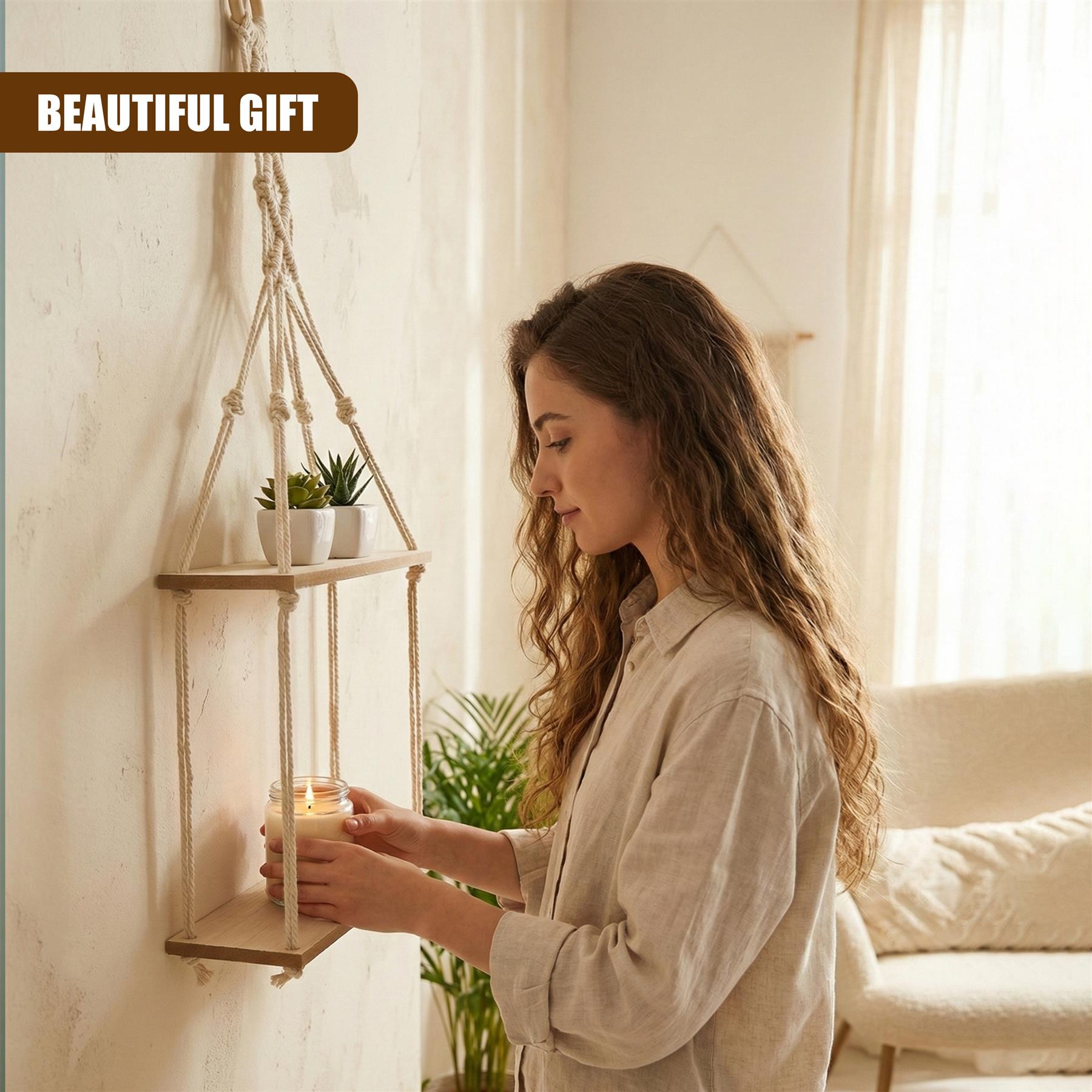 A woman with long, wavy brown hair holds a lit candle in her right hand, suspended from a macrame plant hanger. She is wearing a white, long-sleeved shirt. The background is a living room with a couch, plants, and a window with curtains. The woman's face is turned away from the camera, and her focus is on the candle. The macrame hanger is made of natural fibers and has a wooden dowel. - The Magic Toy Shop