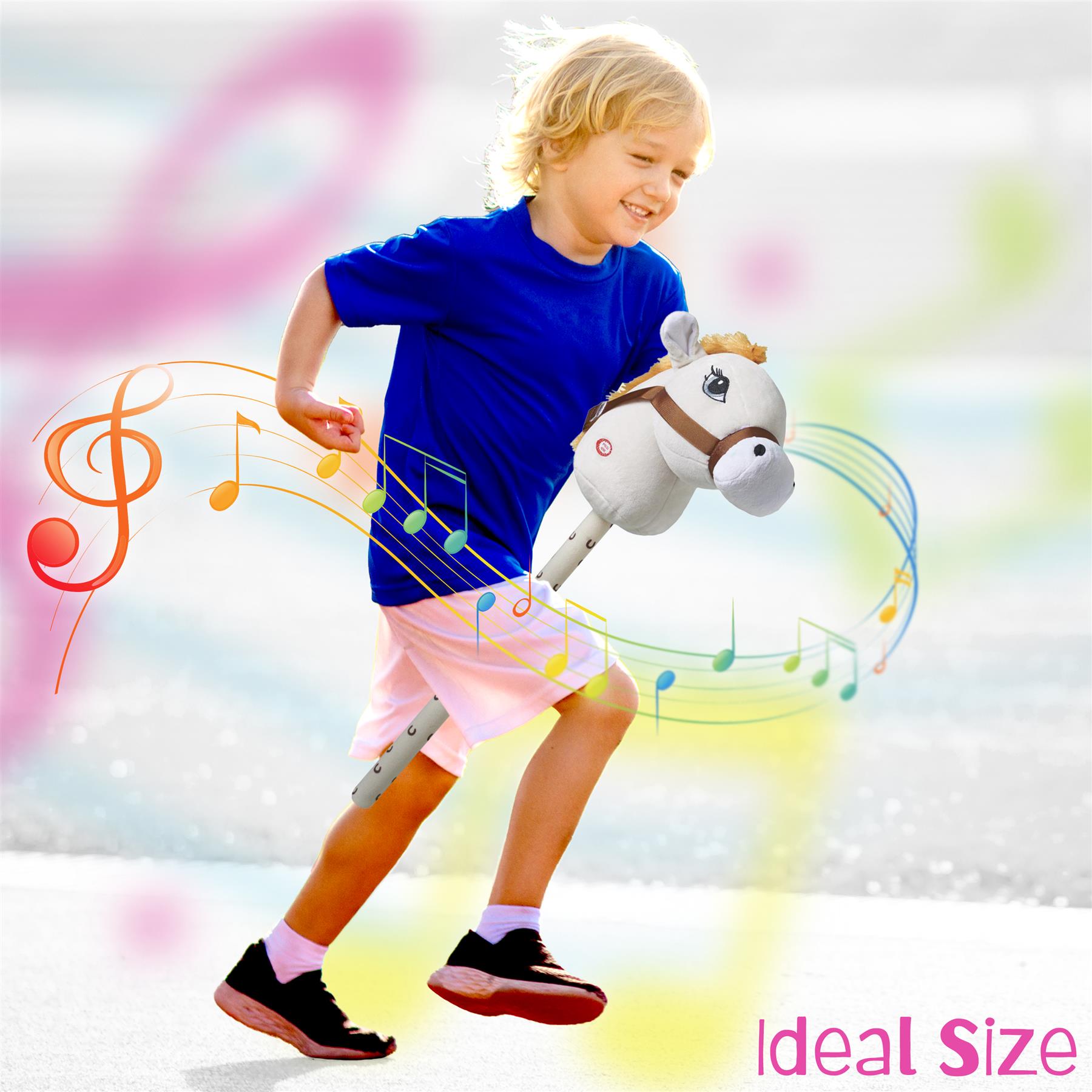 A young child in a blue shirt and pink shorts joyfully runs with a plush hobby horse, surrounded by musical notes and colorful swirls. The product is described as having an "Ideal Size" for playing. Perfect for imaginative play and outdoor fun, available at themagictoyshop.