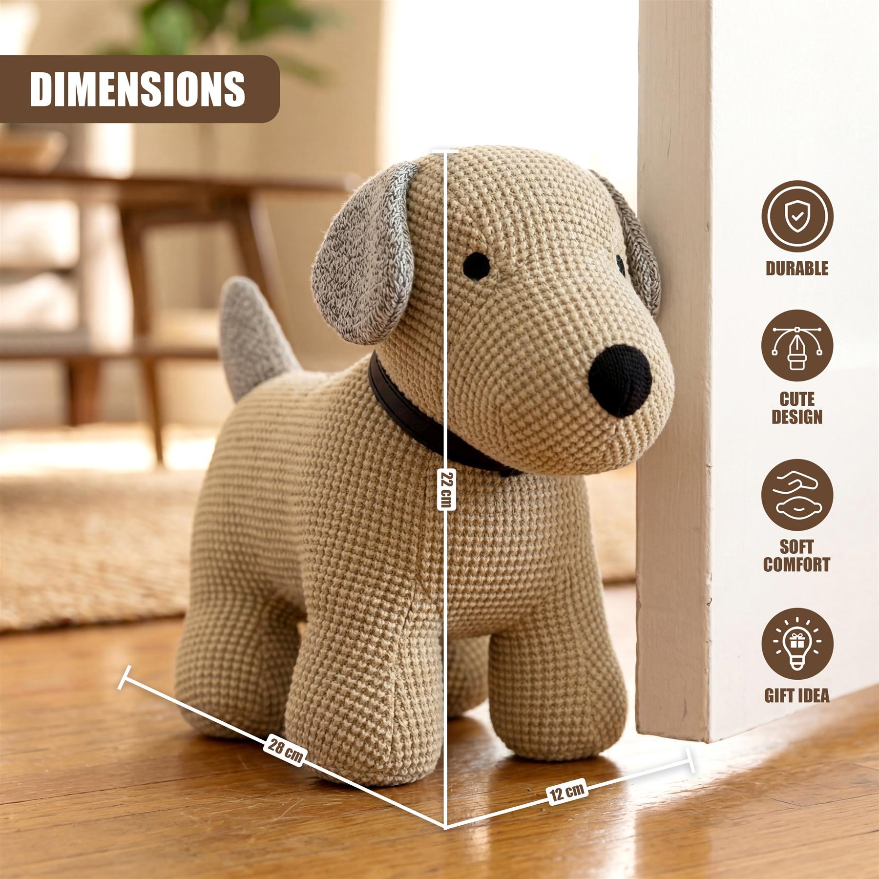 Crocheted dog figurine positioned against a door, with visible dimensions of 22 x 28 x 12 cm.