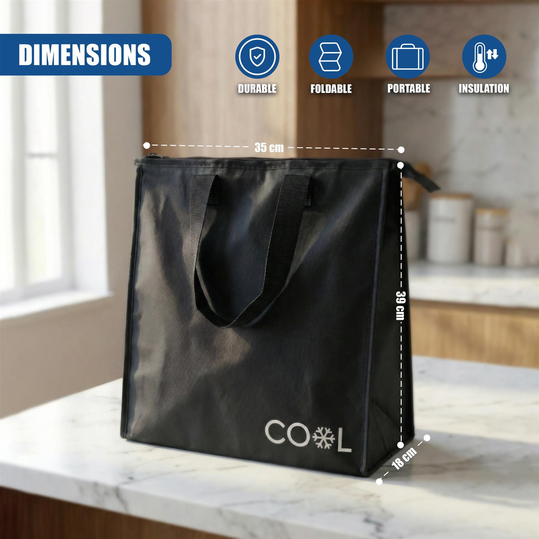 Black, rectangular fabric bag with handles, dimensions marked on the surface in centimeters.