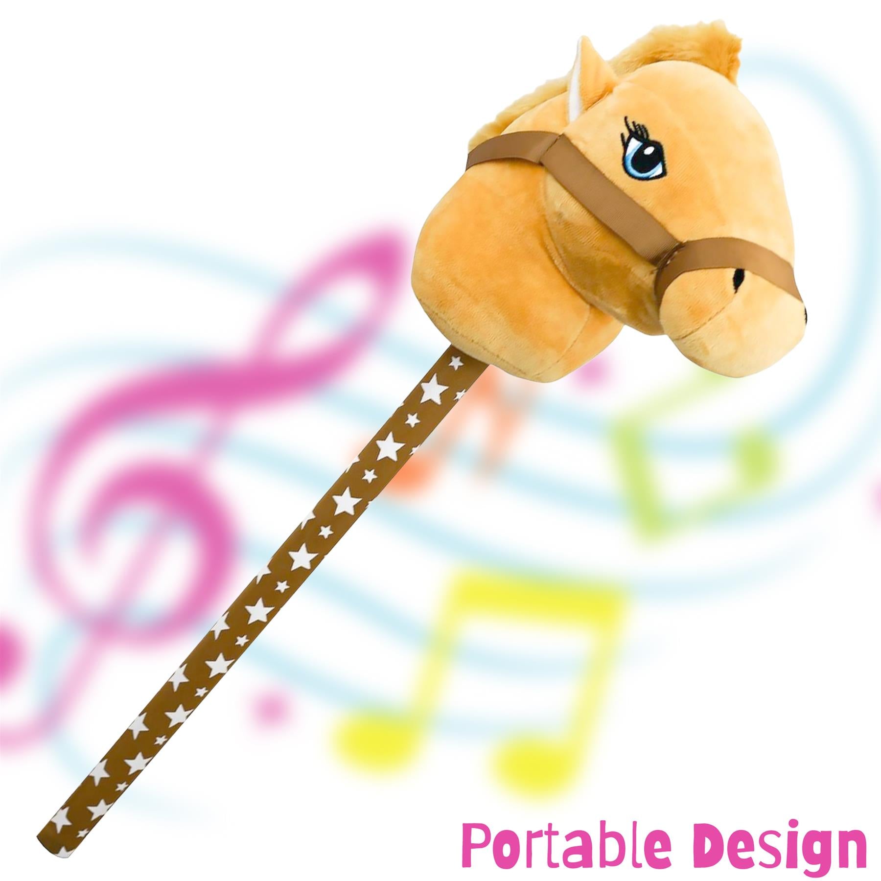 Plush brown hobby horse with a friendly face and a soft mane, mounted on a star-patterned stick, set against a colorful music-themed background. Ideal for imaginative play and creative adventures. The Magic Toy Shop.