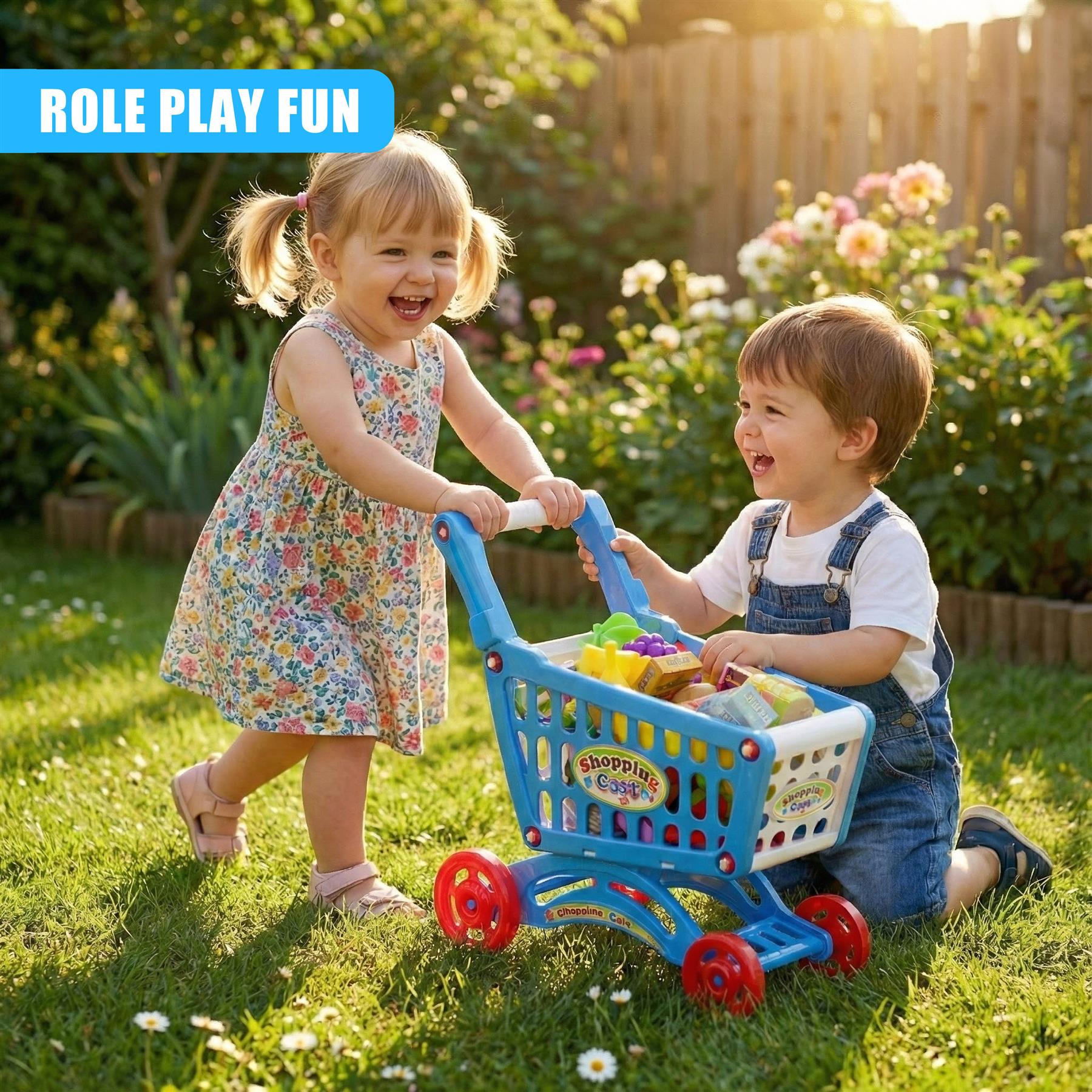 "Blue play shopping cart with realistic items set." - The Magic Toy Shop