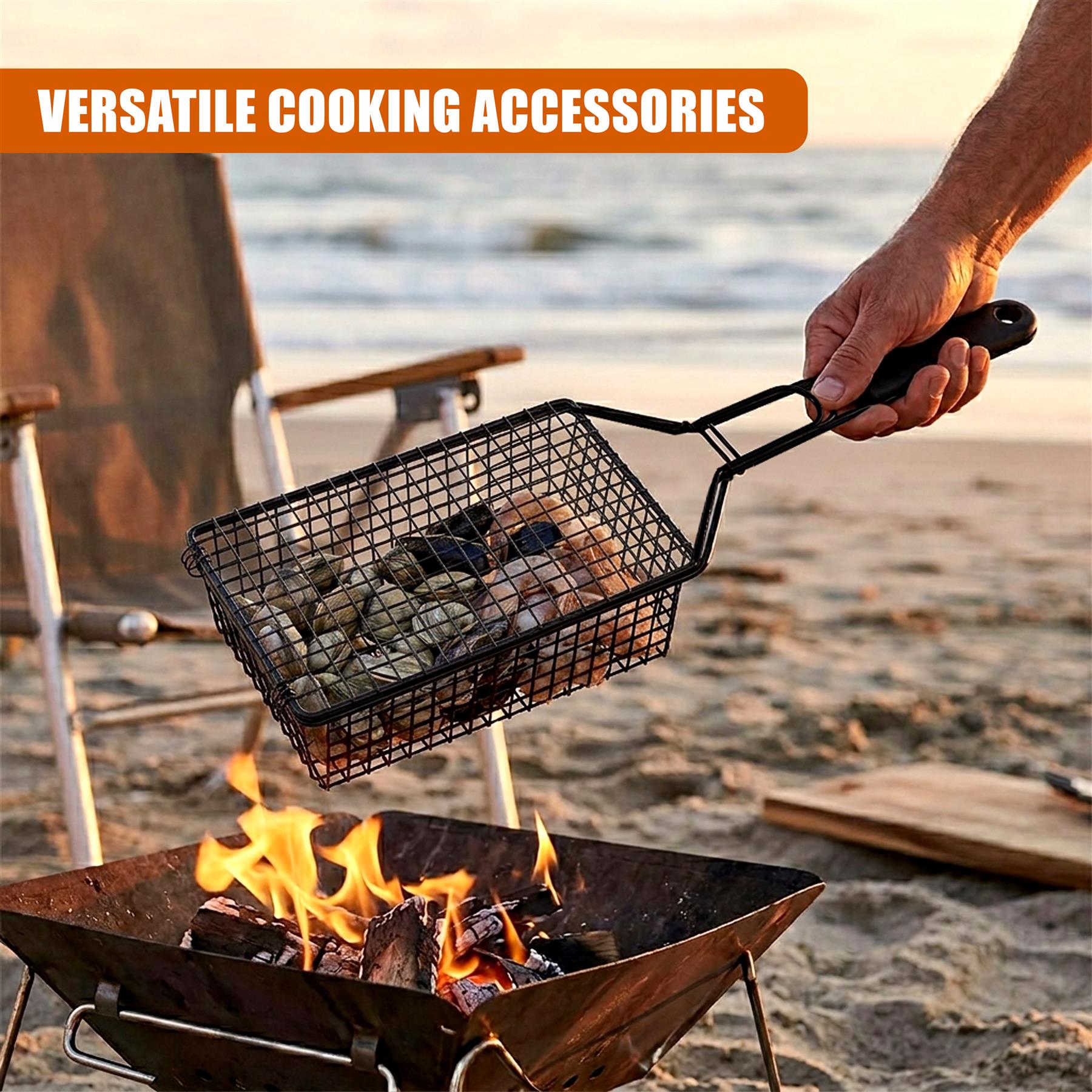 Black wire basket designed for grilling is held over burning charcoal in a metal pit.