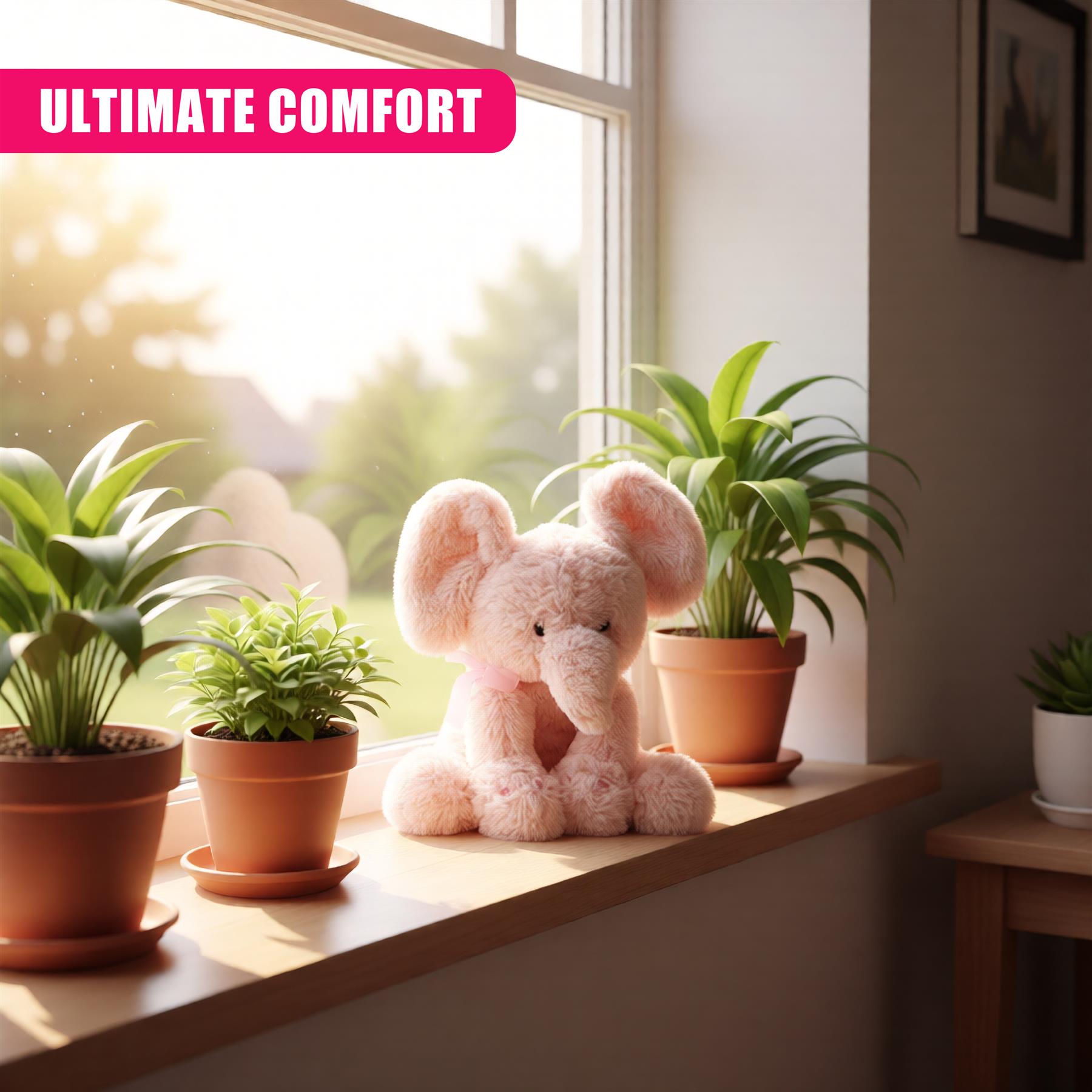 Pink plush elephant sits on a sill surrounded by various potted green foliage plants.