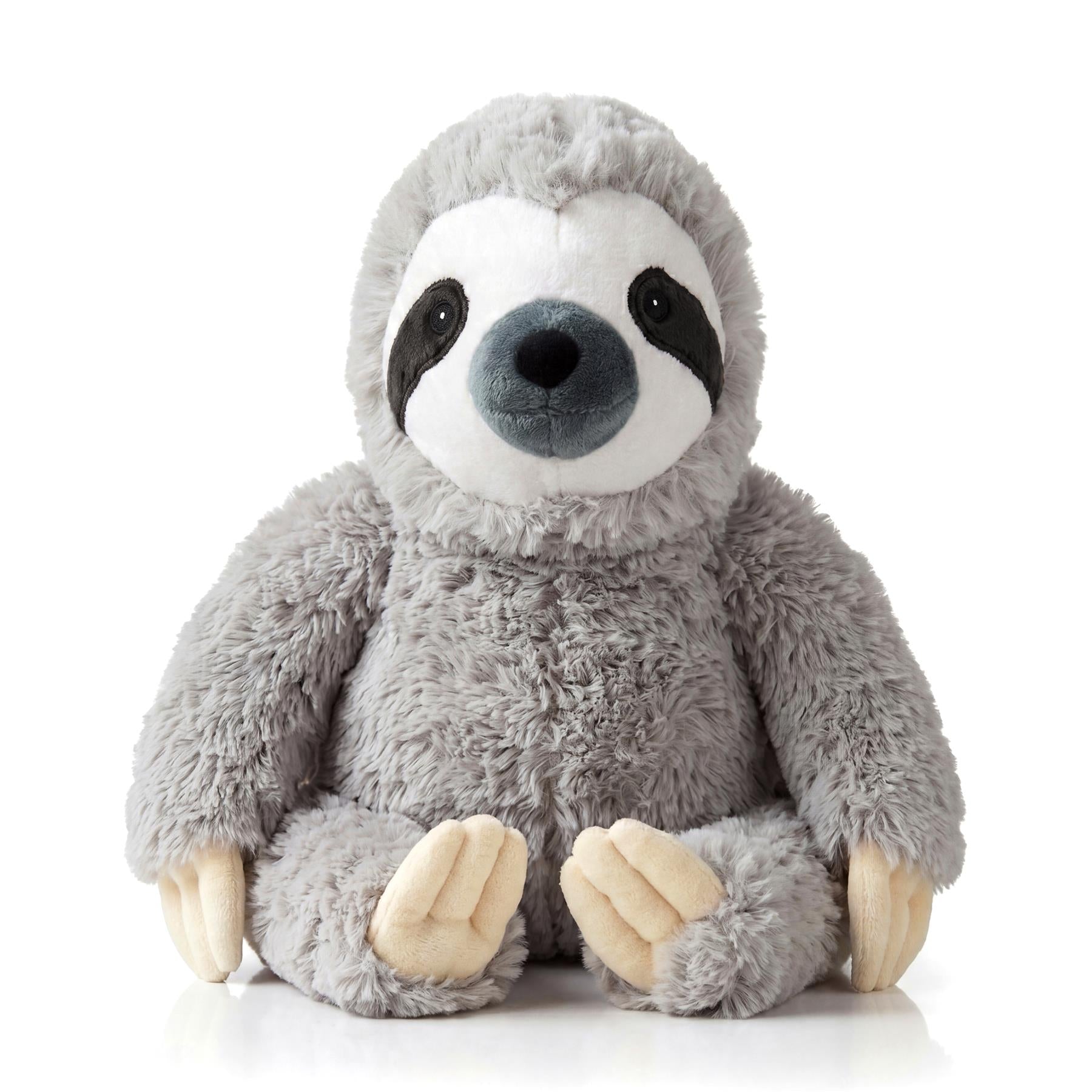 Fuzzy plush sloth door stopper featuring gray fur and black markings around the eyes.
