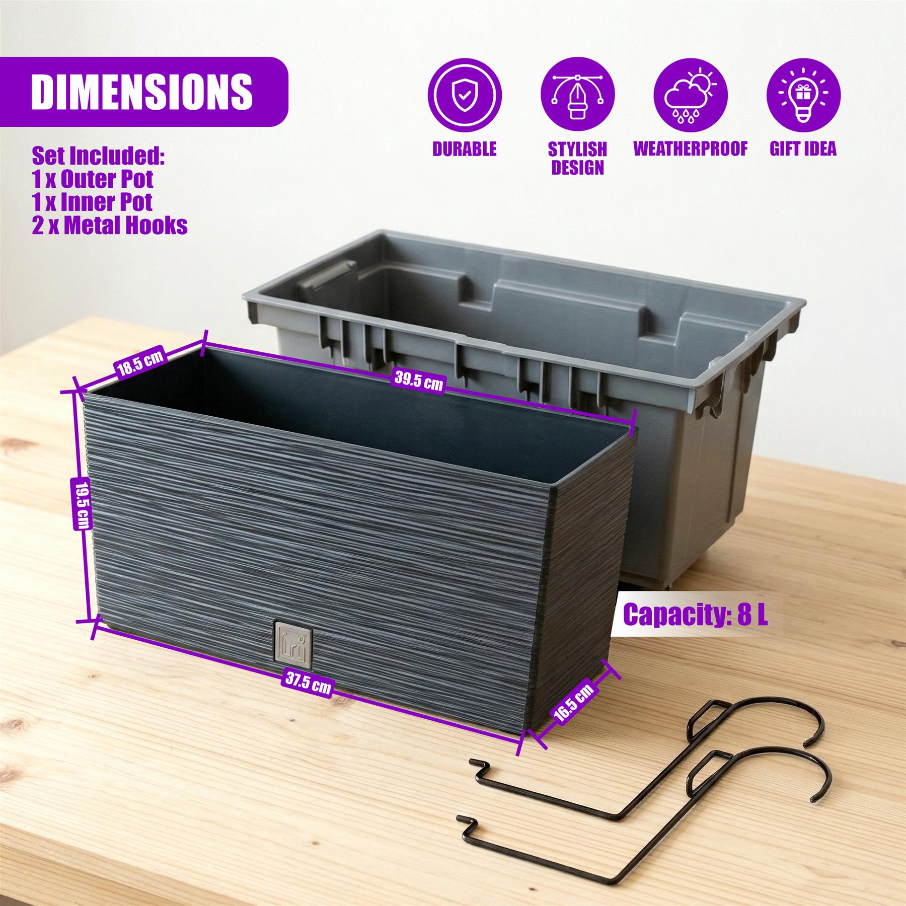 Two rectangular gray planters and two metal hooks are displayed on a light wooden surface.