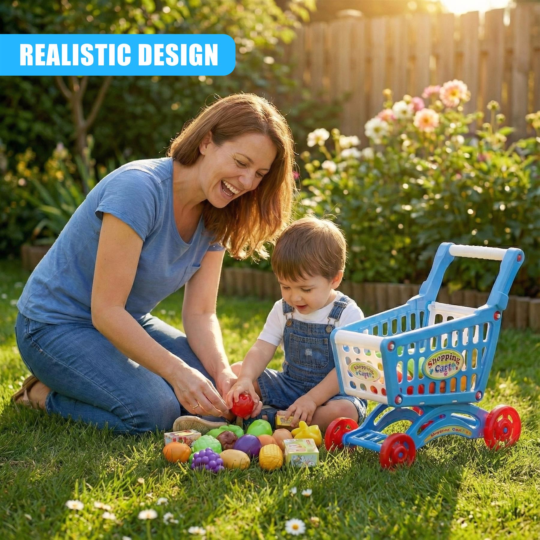 "A playful scene of outdoor activities for children, featuring a woman and a toddler engaging with a shopping cart filled with toy fruits and vegetables." - The Magic Toy Shop