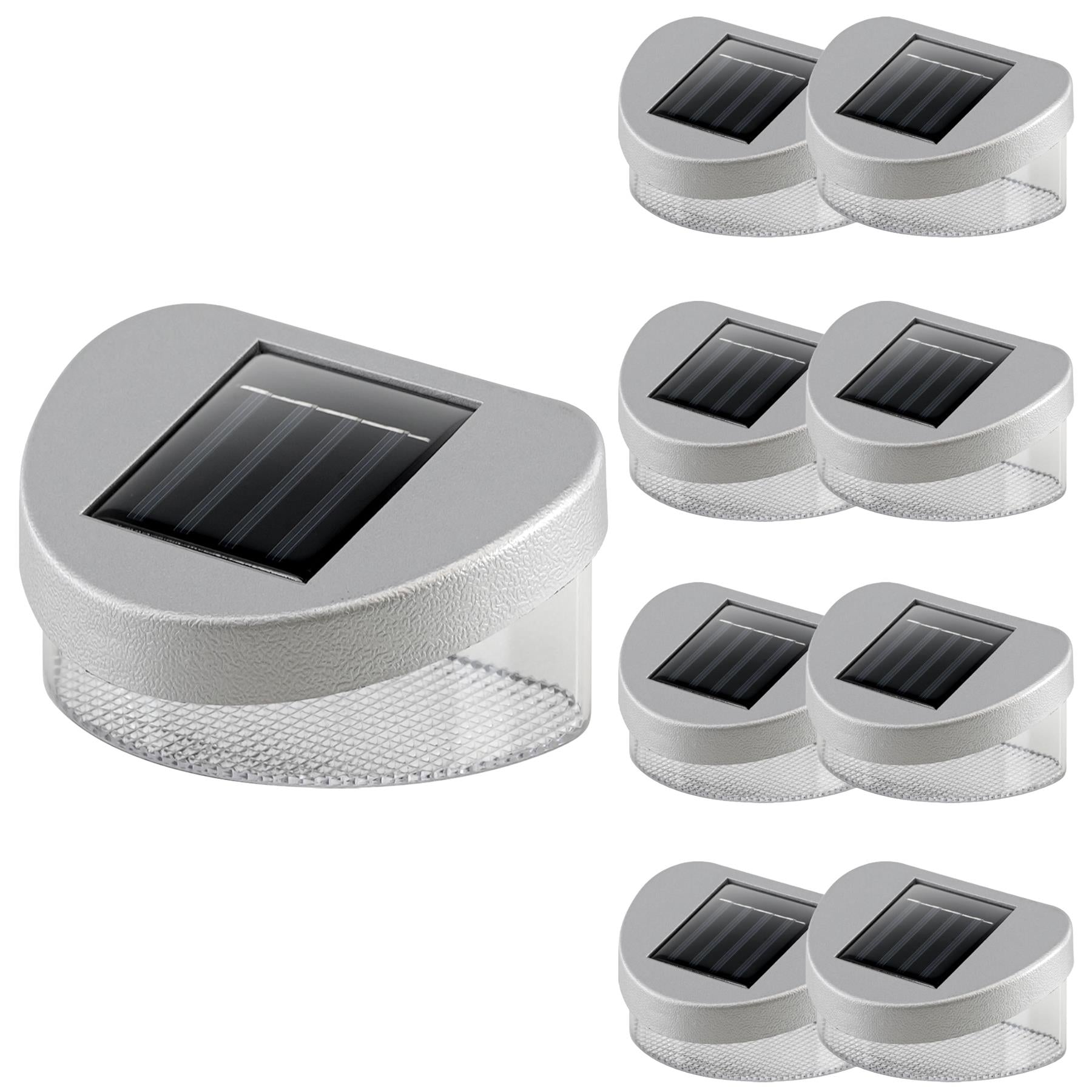 Silver-toned outdoor solar lights featuring rectangular panels and supportive base fixtures.