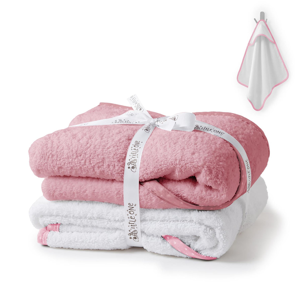 Pack of 2 GEEZY hooded baby bath towels stacked together, with a small towel attached